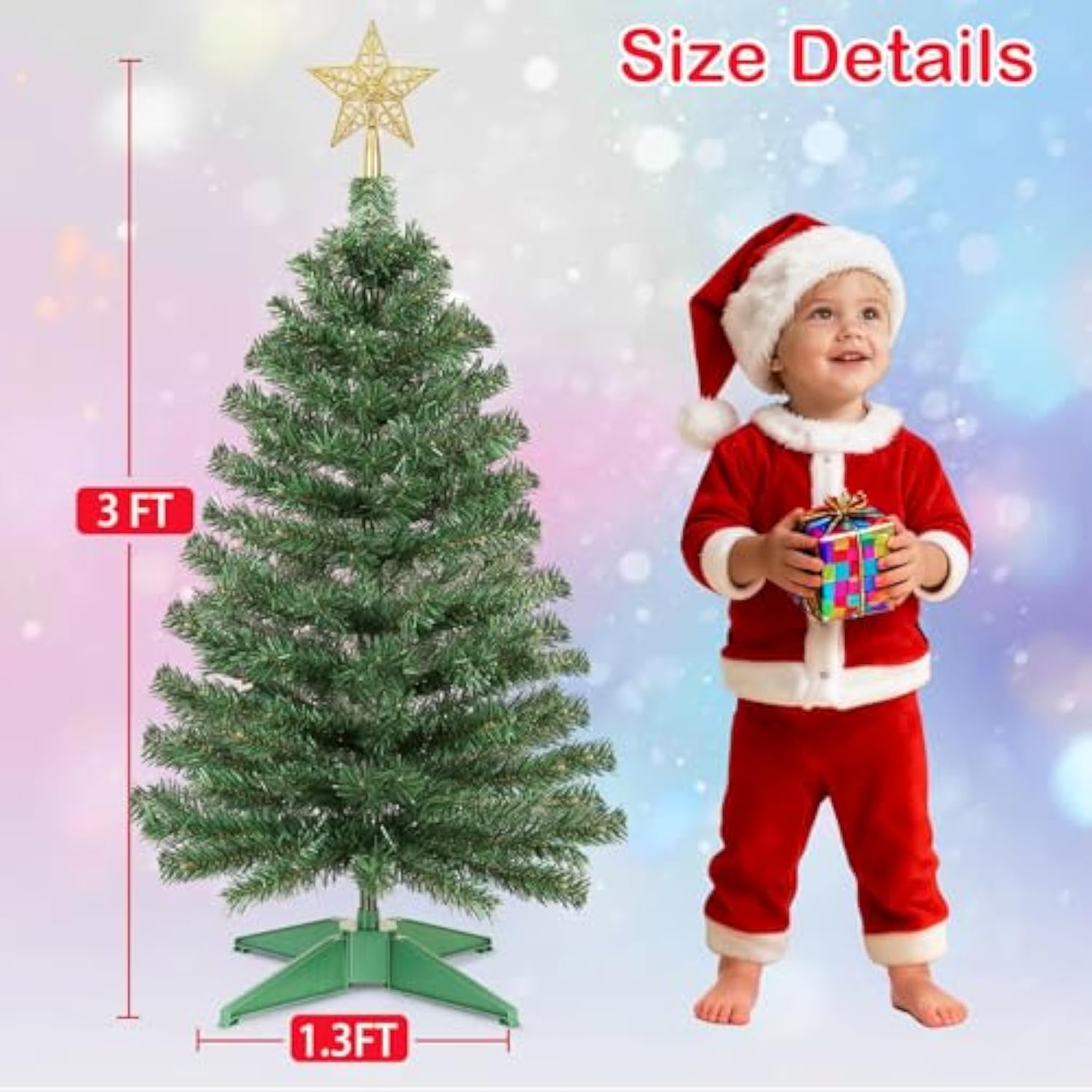 3 Ft Artificial Christmas Tree For Tabletop, Mini Xmas Tree With 4-Leg Stable Base, Small Xmas Tree For Indoor Outdoor Holiday Home Office Party Christmas Decorations (Green)