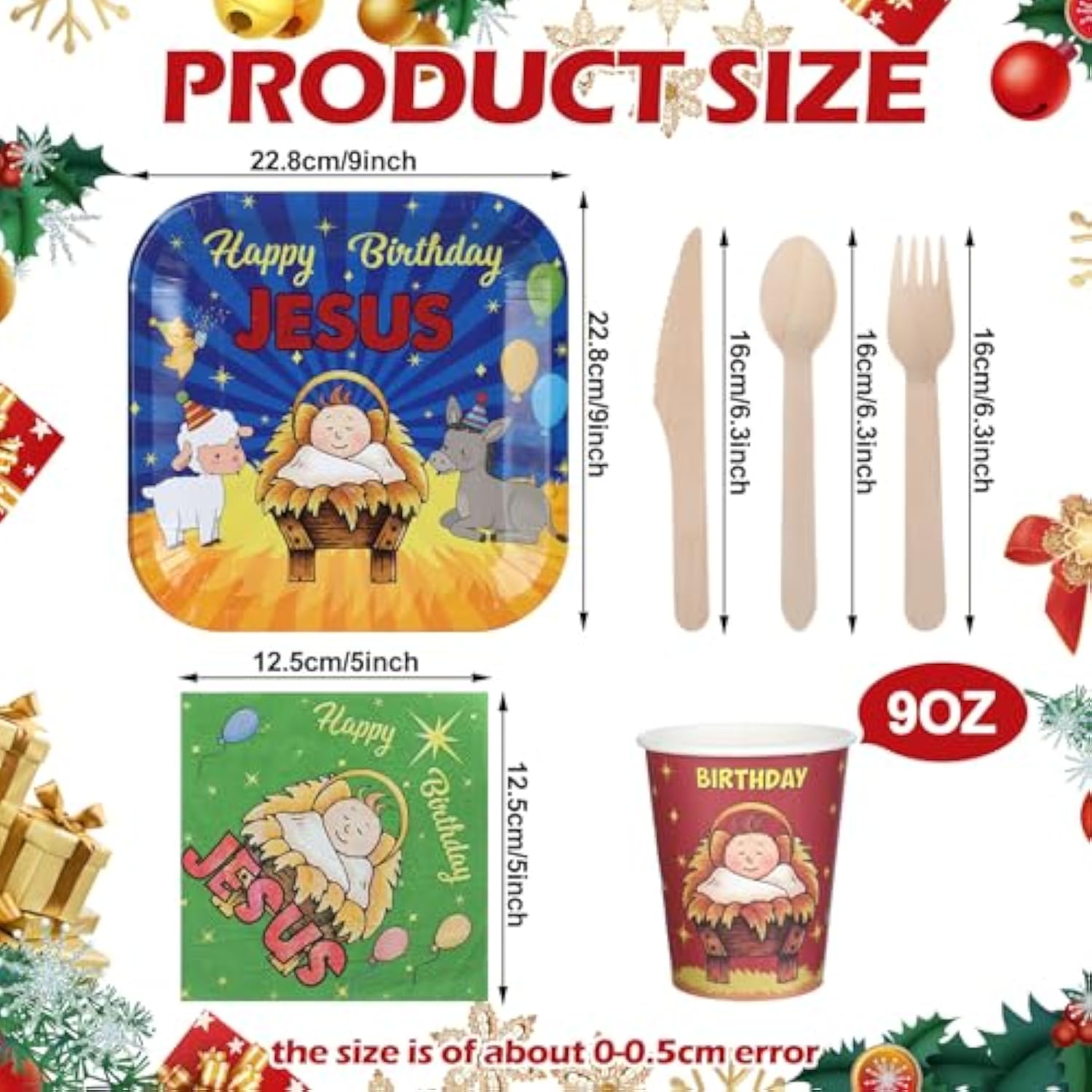108 Pcs Happy Birthday Jesus Tableware Set Include Disposable Jesus Plates Napkins Knives Spoons Forks And Christian Jesus Cups Christmas Dinnerware For Nativity Holiday Party Supplies