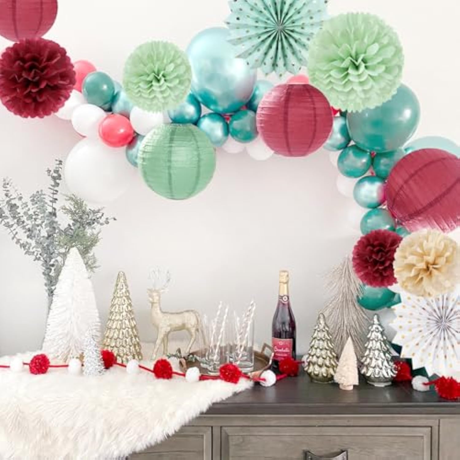 Sage-Olive Green Burgundy-Champagne Boho Party-Decorations - 20Pcs Birthday Paper Lanterns Fans,Tissue Pom Poms,Honeycomb Balls,Bunting,Christmas Bridal Baby Shower Wedding Engagement Decor