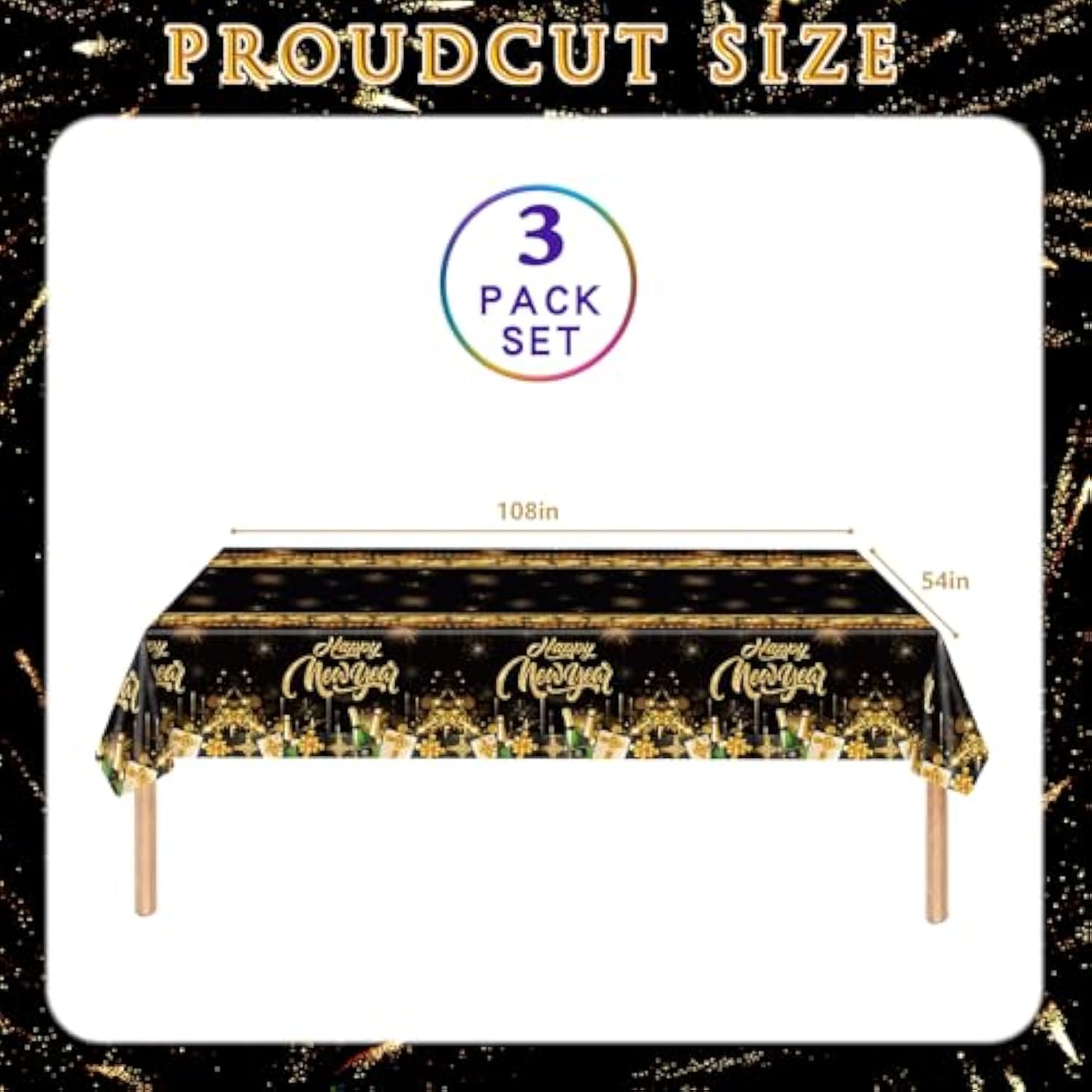 3 Pack Black Gold Happy New Year 2025 Tablecloths and Banners