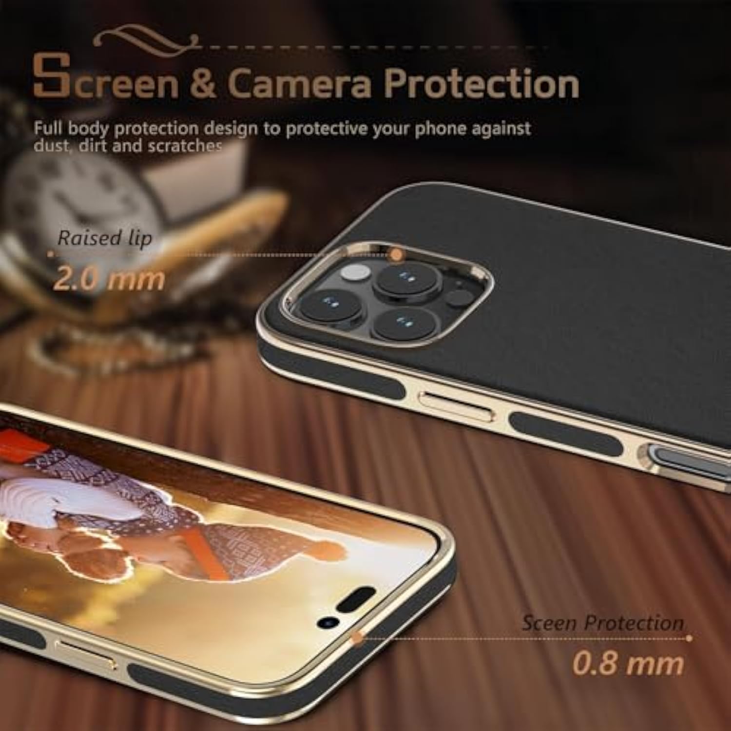 For Iphone 16 Pro Leather Case, Luxury Business Leather Classic Anti-Scratch Cover Protective Phone Cases For Iphone 16 Pro 6.3" 2024, Black Gold