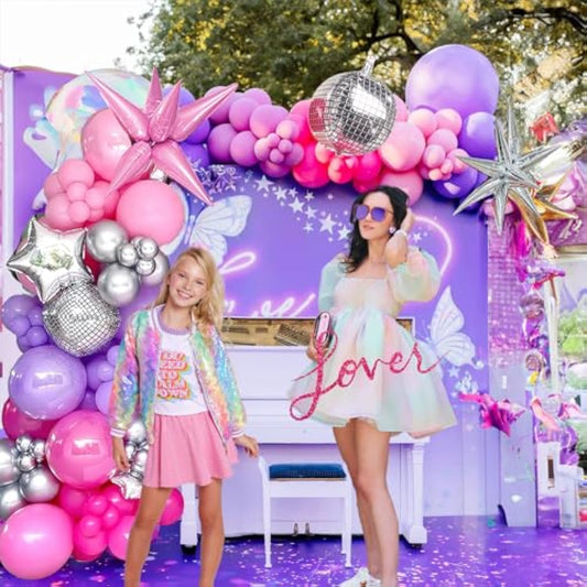 Pink And Purple Silver Balloon Garland Arch Kit 150Pcs Star Disco Ball Mylar Balloon For Girl Sweet16 Princess Birthday Music Fans Birthday 2025 Grad Concert Prom Mother'S Day Decorations