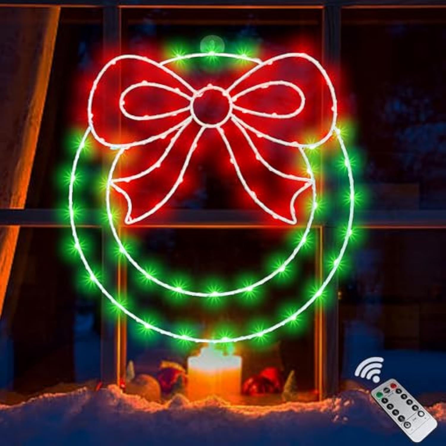 Christmas Wreath Window Lights Decorations, 14" 82Leds Christmas Wreath Lights With Bow, Timer Remote Control Usb Powere