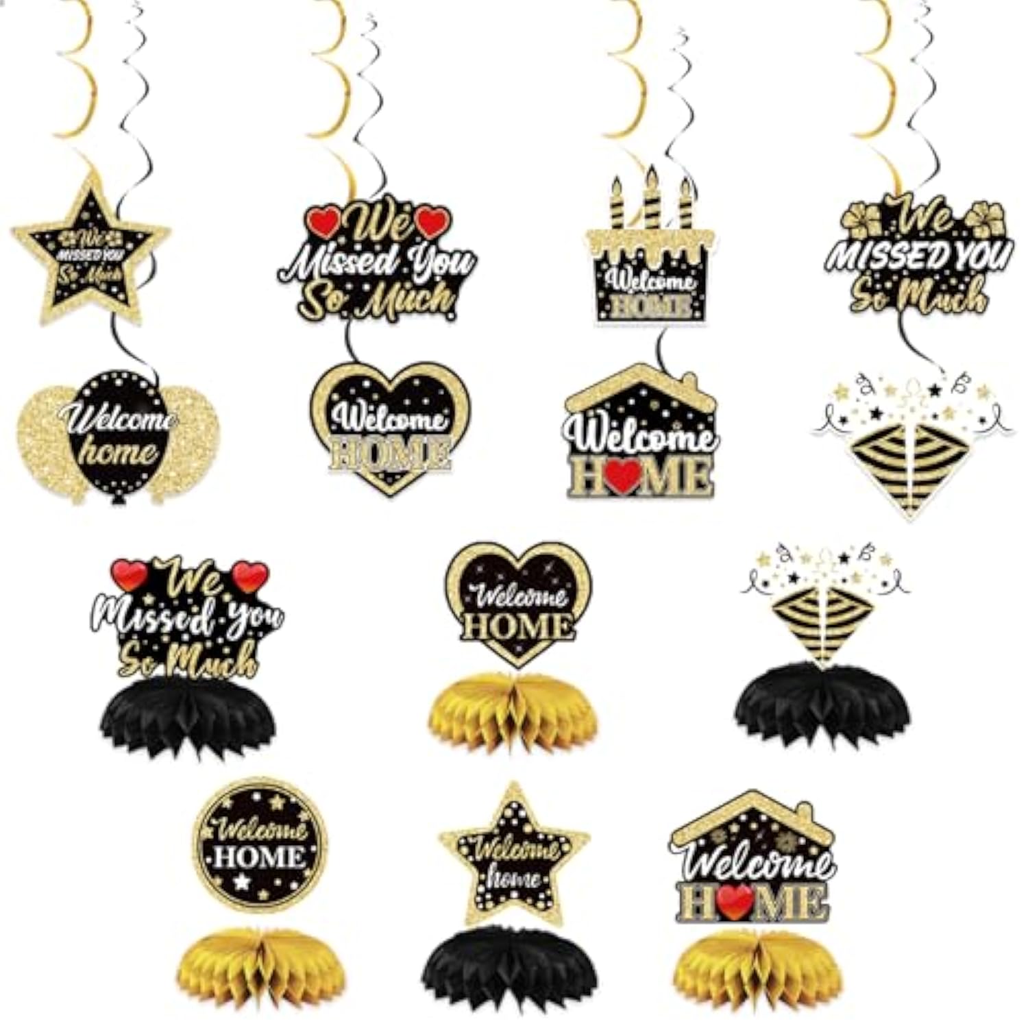 Welcome Home Decorations 30PC Black & Gold Set with Banner, Balloons, Swirls and Centerpieces