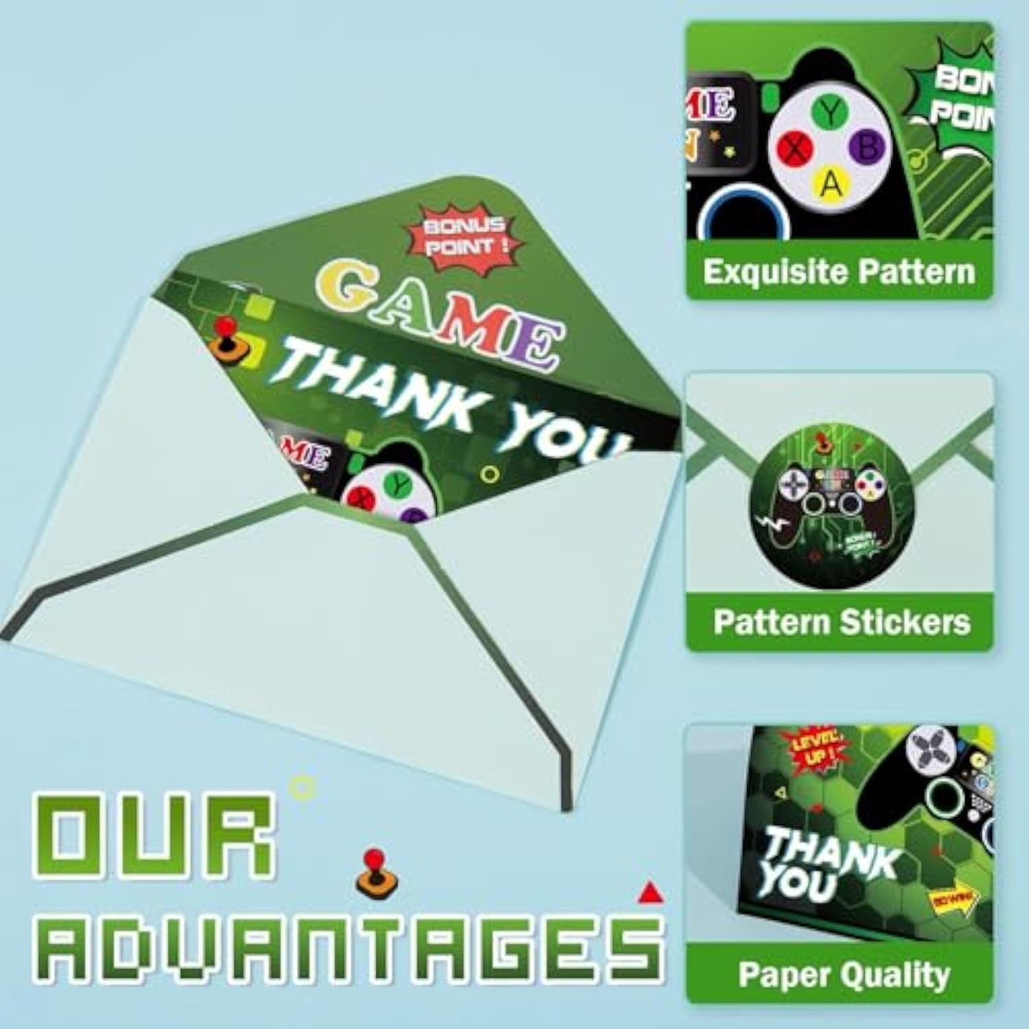 Video Game Thank You Cards - 24 Pcs Game Thank You Cards With Envelopes Stickers For Gamer Birthday Party Decorations Fill In Blank Notes For Kids Boys Birthday Baby Shower 4'' X 6''