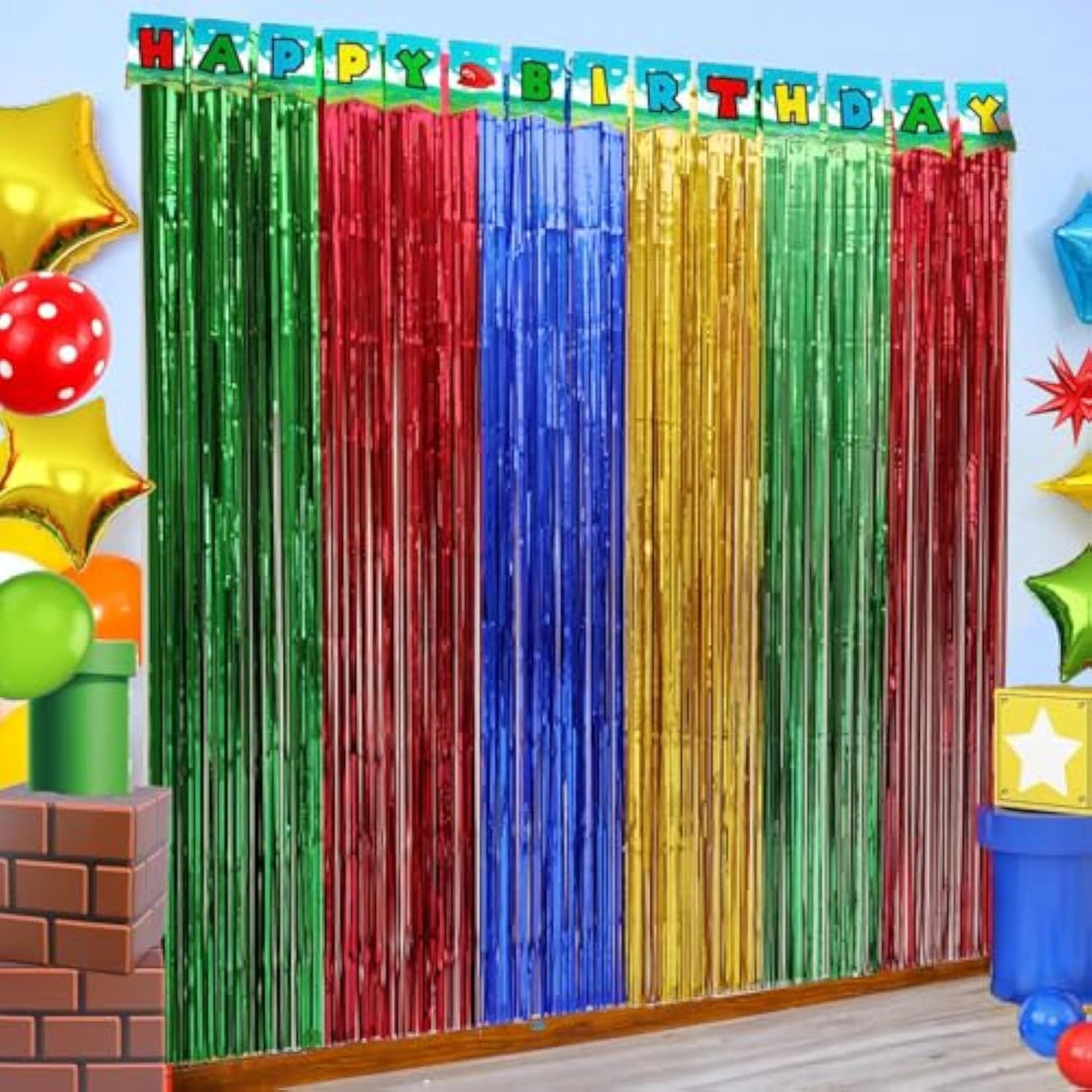 2-pack Super Bros blue/red/green/yellow foil fringe curtains for video-game parties