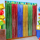 2-pack Super Bros blue/red/green/yellow foil fringe curtains for video-game parties