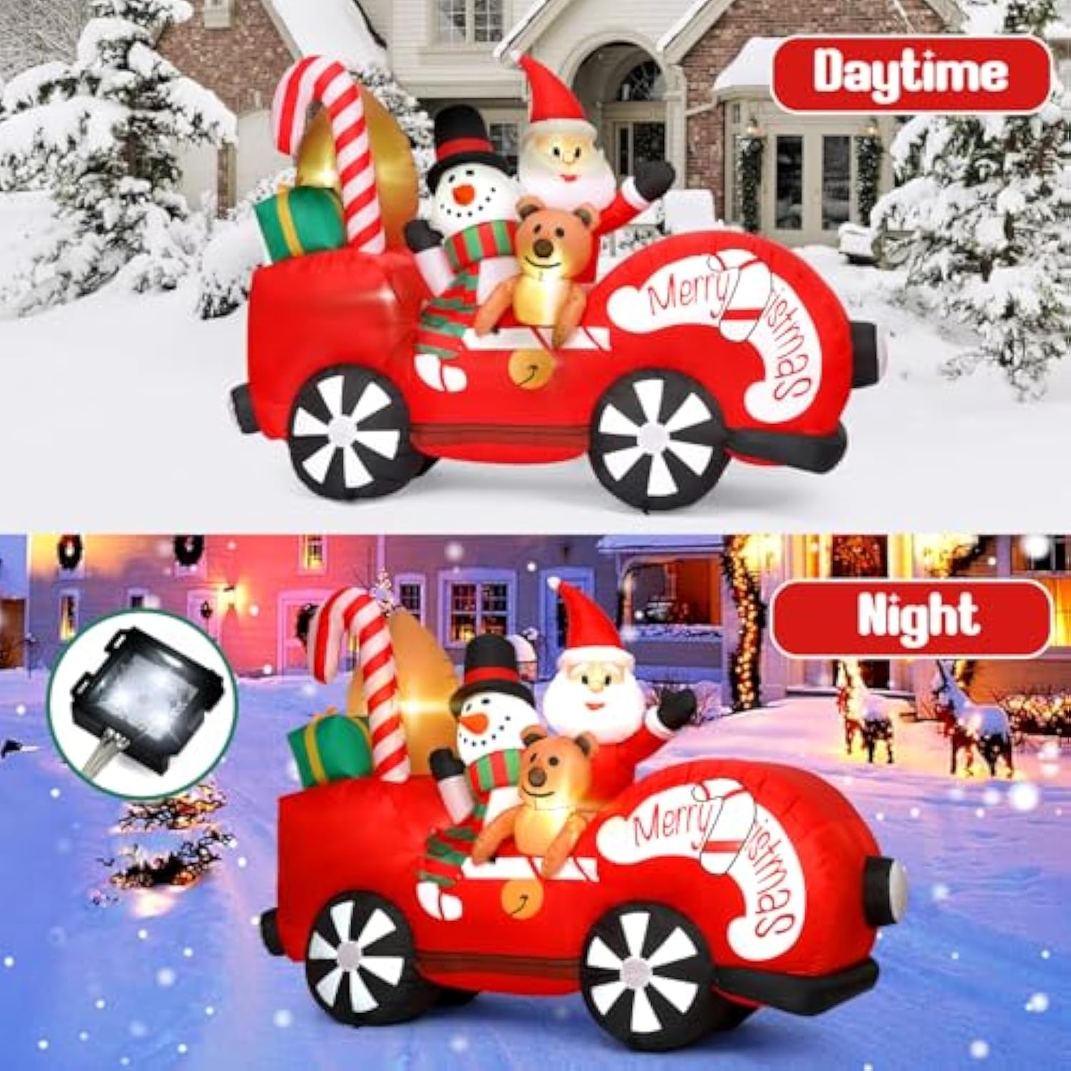 7Ft Inflatable Christmas Santa Claus Driving With Snowman And Bear, Outdoor Christmas Blow Up Yard Decoration With Built