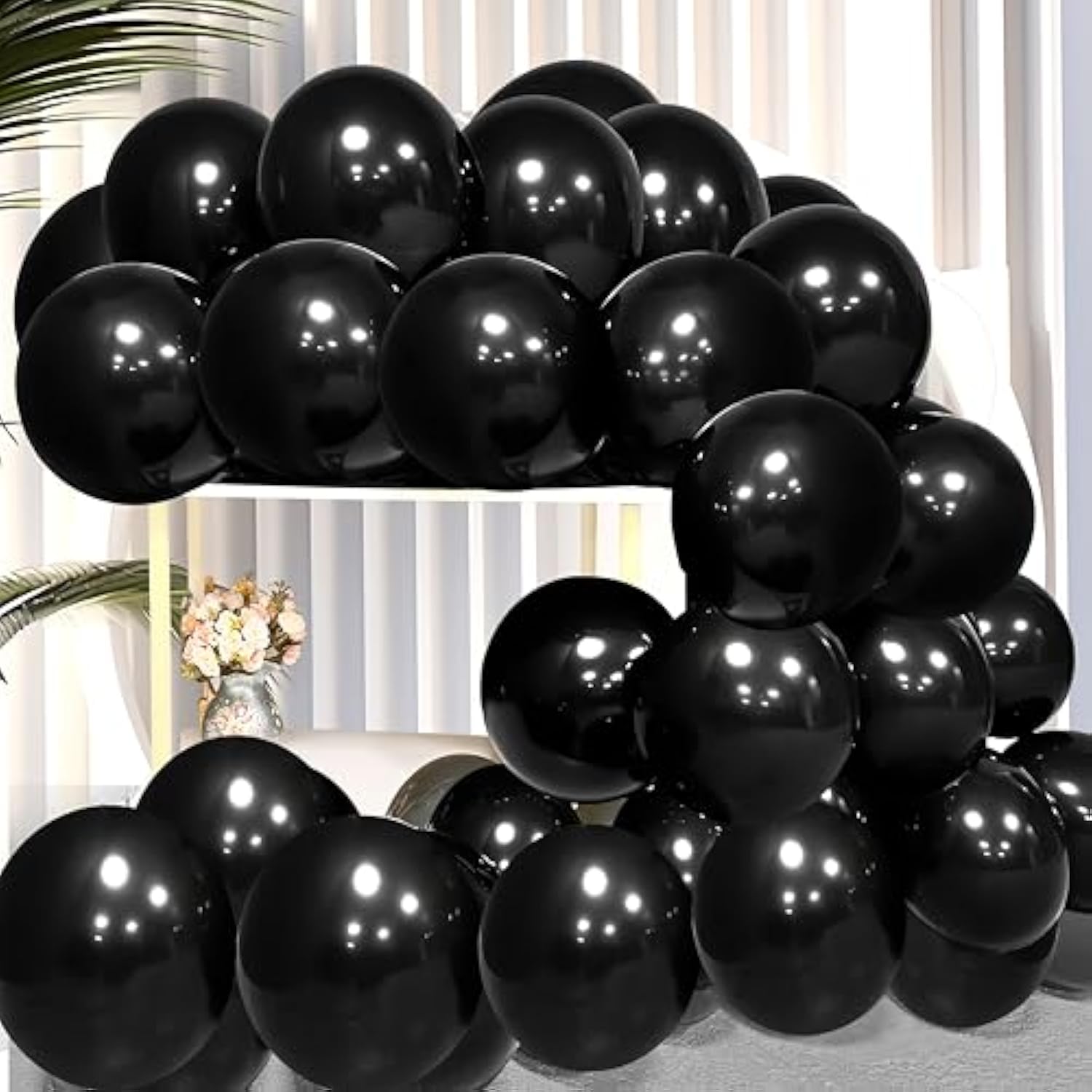 100 Pack 12 Inch Black Metallic Latex Balloons Thick Helium Party Balloons with Ribbons
