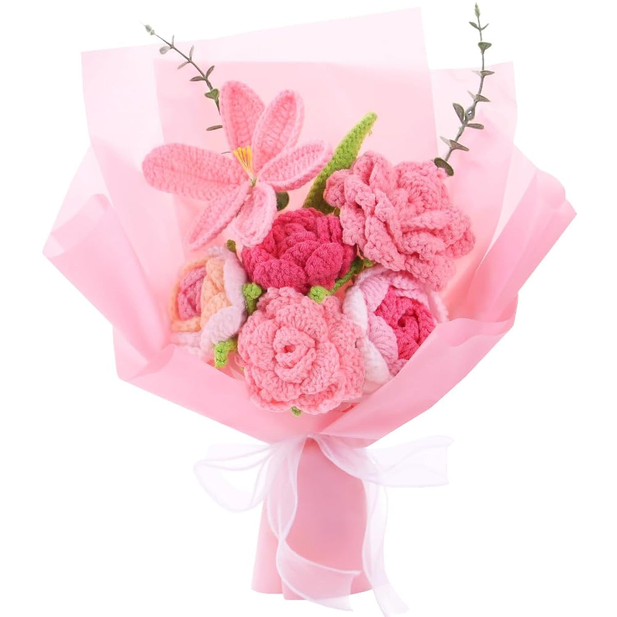 Crochet Flower Bouquet: Artificial Knitted Roses Tulips For Love Mother'S Day Wedding Anniversary Teachers' Day Decoration Including Lighting Fixtures Gift Bags?Pink?