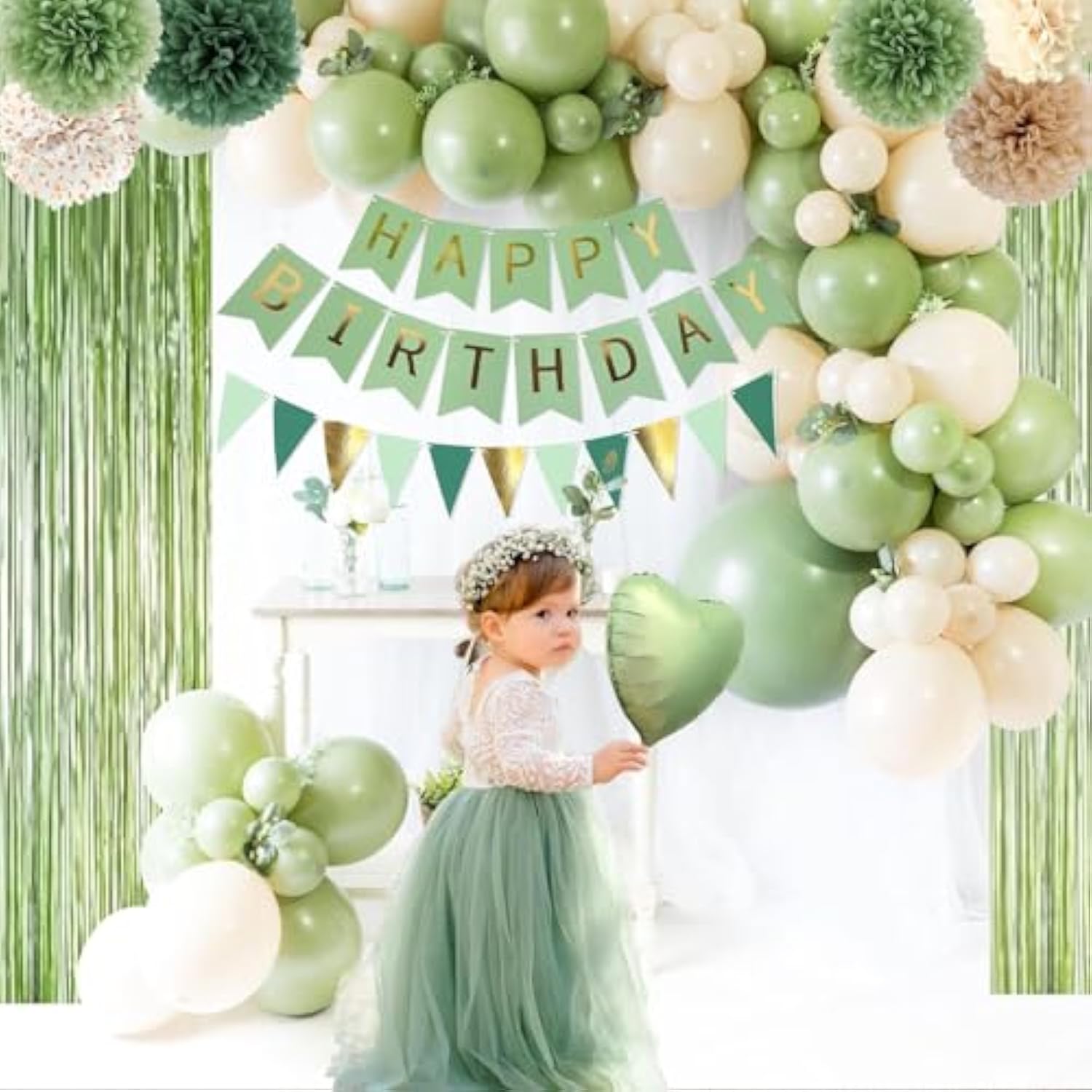 Sage Green & Gold Birthday Decor with Balloons, Banner & Fringe Curtain Backdrop