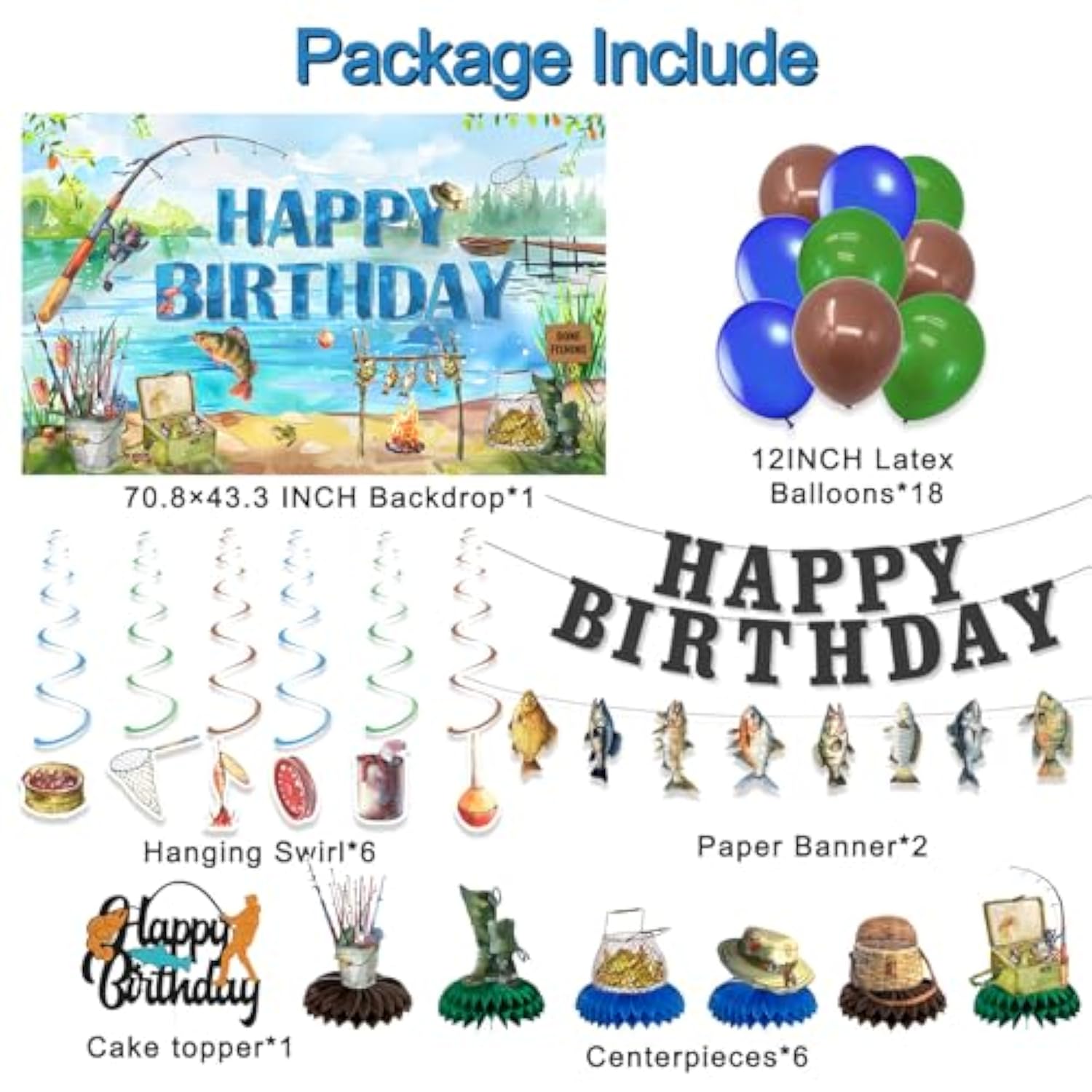 Fishing Birthday Decorations - 34Pcs Balloons, Banners, Centerpieces, Cake Topper Kit, Angler Party Decor