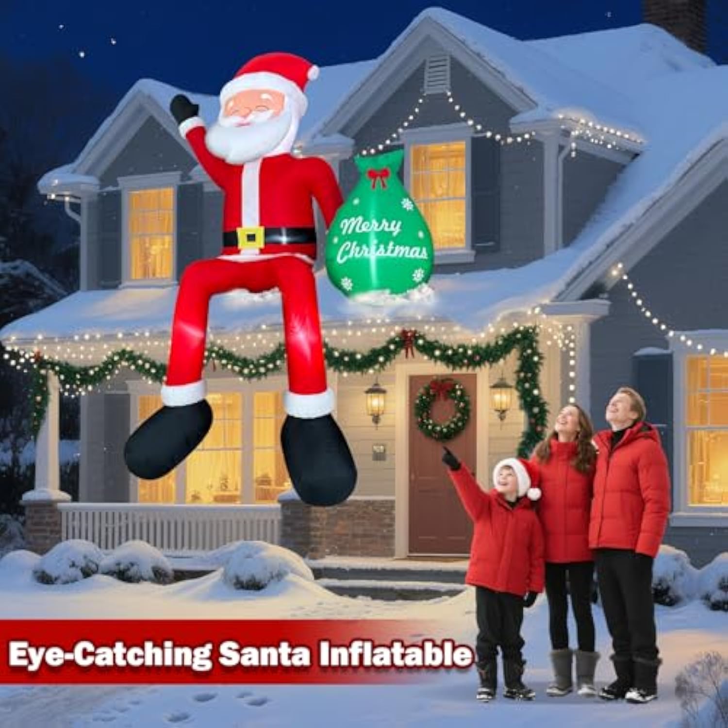 8 Ft Christmas Inflatable Outdoor Decorations Blow Up Sitting Santa Claus With Gift Bag, Lighted Santa Carrying Present