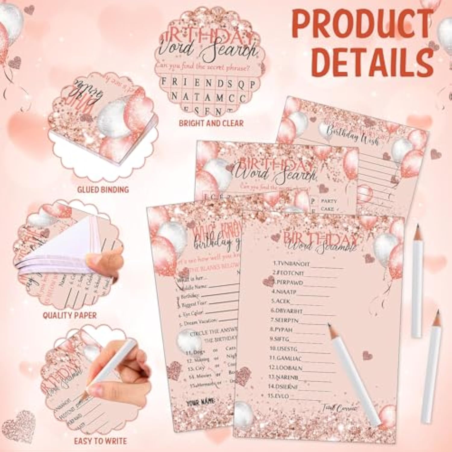 100 Pcs Who Knows The Birthday Girl Best Cards With 20 Pre Pointed Pencils Set For 20 Guests, Girls Birthday Night Game Ideas, Girls Her Sleepover Party Supplies, 4 Activities(Balloon)