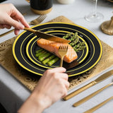 60 Pcs Black And Gold Plastic Plates, Disposable Party Black Plates Include 30 10 Inch Dinner Plate And 30 7 Inch Dessert Plate Perfect For Holiday, Birthday, Wedding & Party
