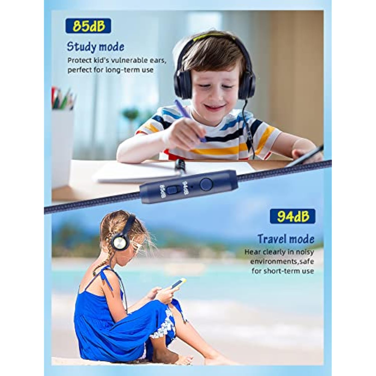 Kids Wired Headphones with Mic, 85dB/94dB Volume Limit, for School/Travel