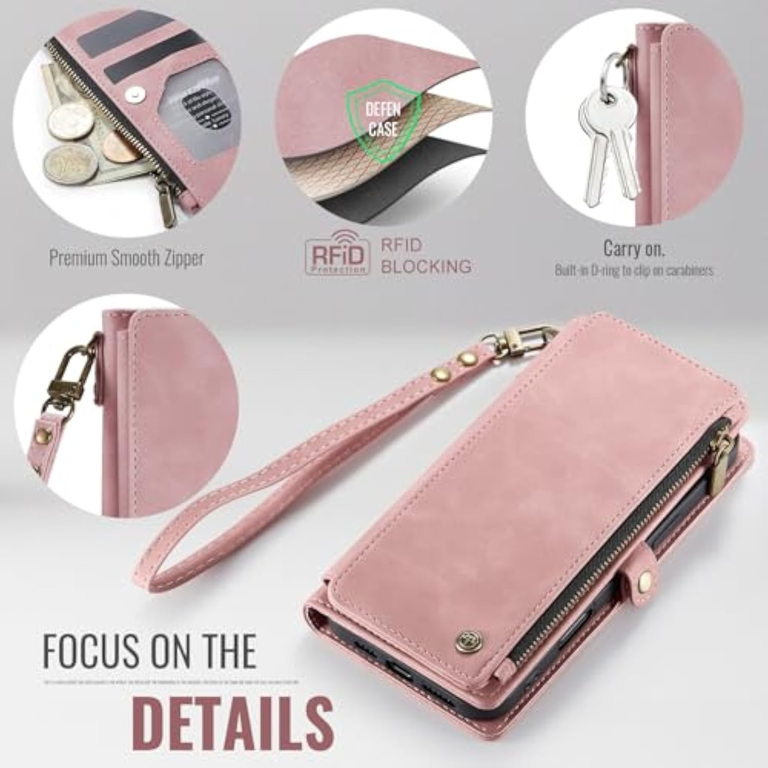 Compatible With Se 2020 2022 Case Wallet With Rfid Blocking Card Holder For Women Men, Pu Leather Magnetic Snap Flip Zipper Strap Wallet Phone Case Fit For Se/7/8, Rose Pink