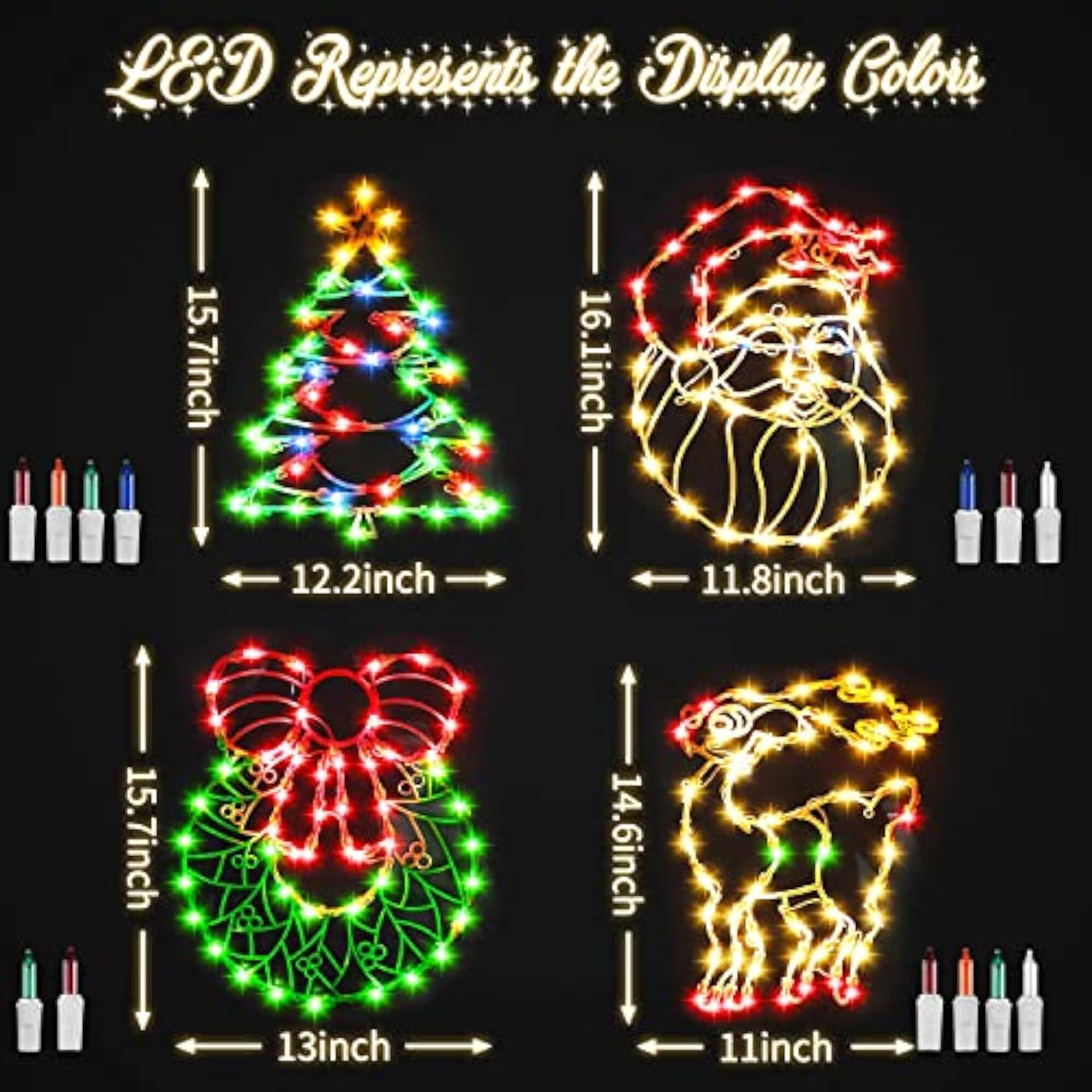 16 Inch Christmas Window Silhouette Lights Decorations, 4 Pack Waterproof Window Hanging Lights Elk, Christmas Tree, San