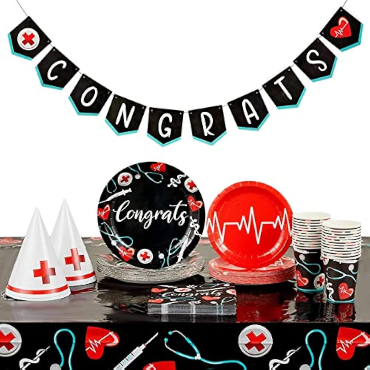 Nursing School Graduation Decorations Set - Serves 24, 123 Pieces, Black - Nurse Graduation Party Supplies & Decor - Nursing Themed Party Supplies