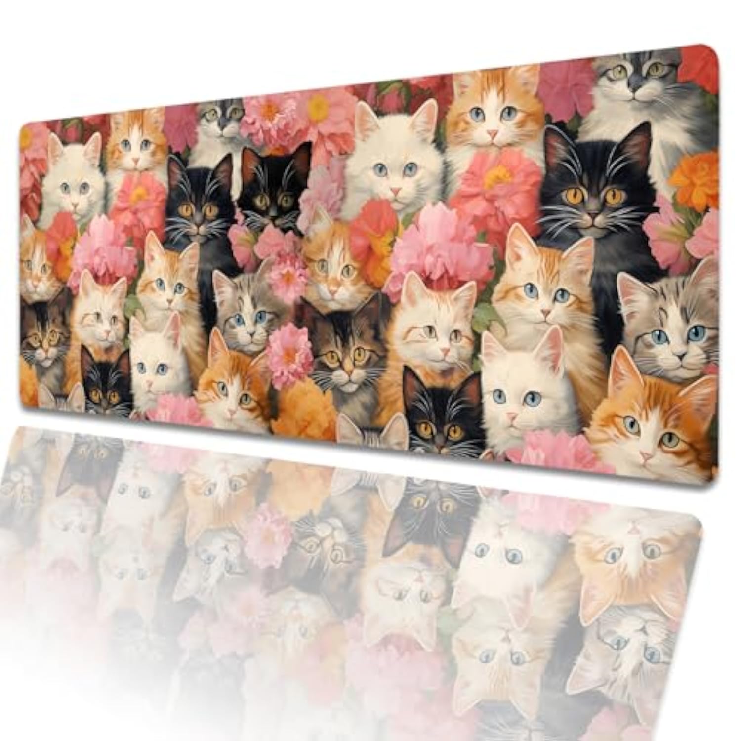 Cute Cat Gaming Mouse Pad 31.5 X 11.8 Inch,Kitten Flower Large Extended Desk Mat With Non-Slip Rubber Base,Floral Big Mousepad For Laptop Computer Pc,For Office Gamer Home Decor,Deskmat Gifts