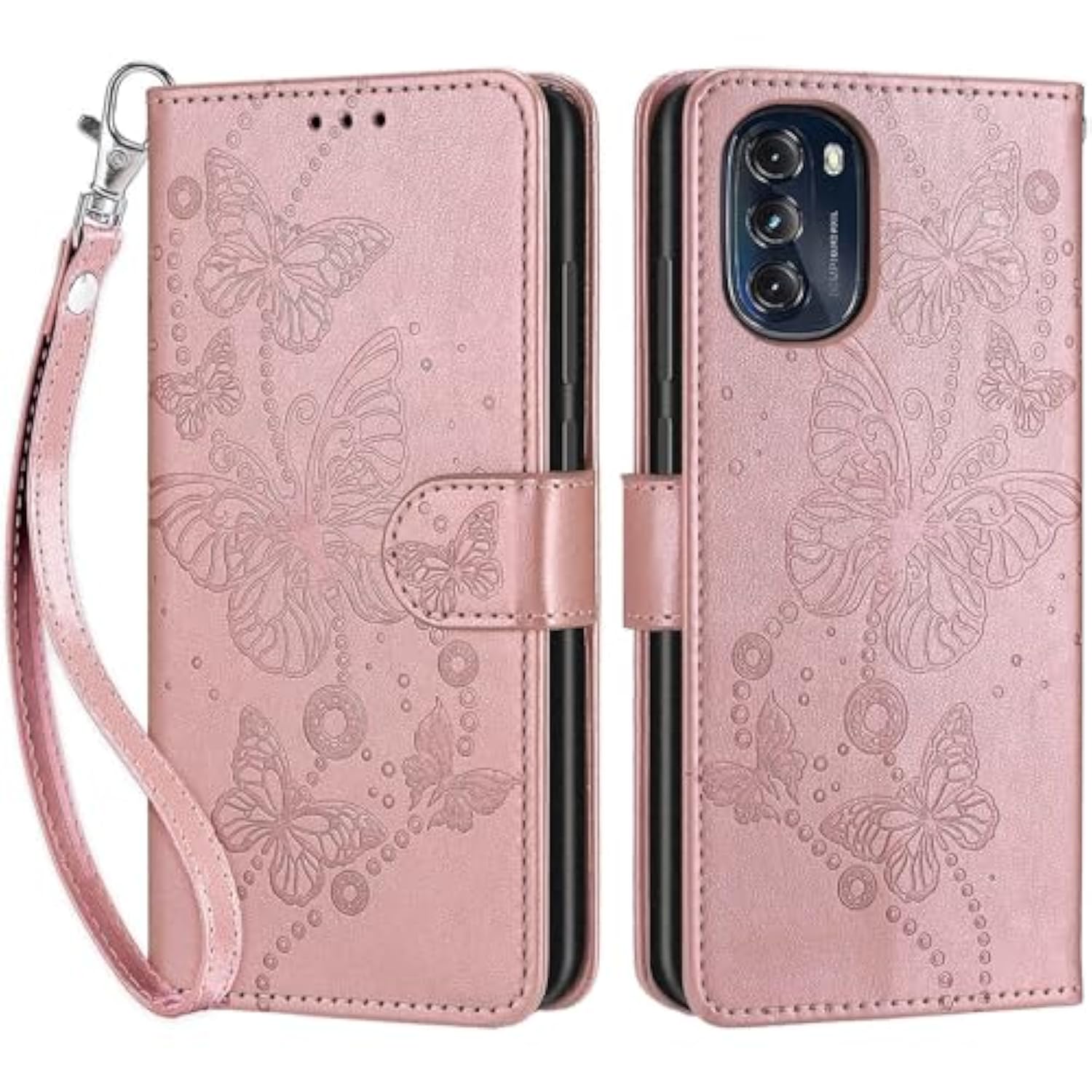 Designed For Motorola Moto G 5G 2022 Case Wallet,Women Flip Folio Cover With Embossed Pu Leather Stand Credit Card Holders Slots Wrist Strap Phone Case For Moto G 5G 2022 (Rose Gold Butterfly)