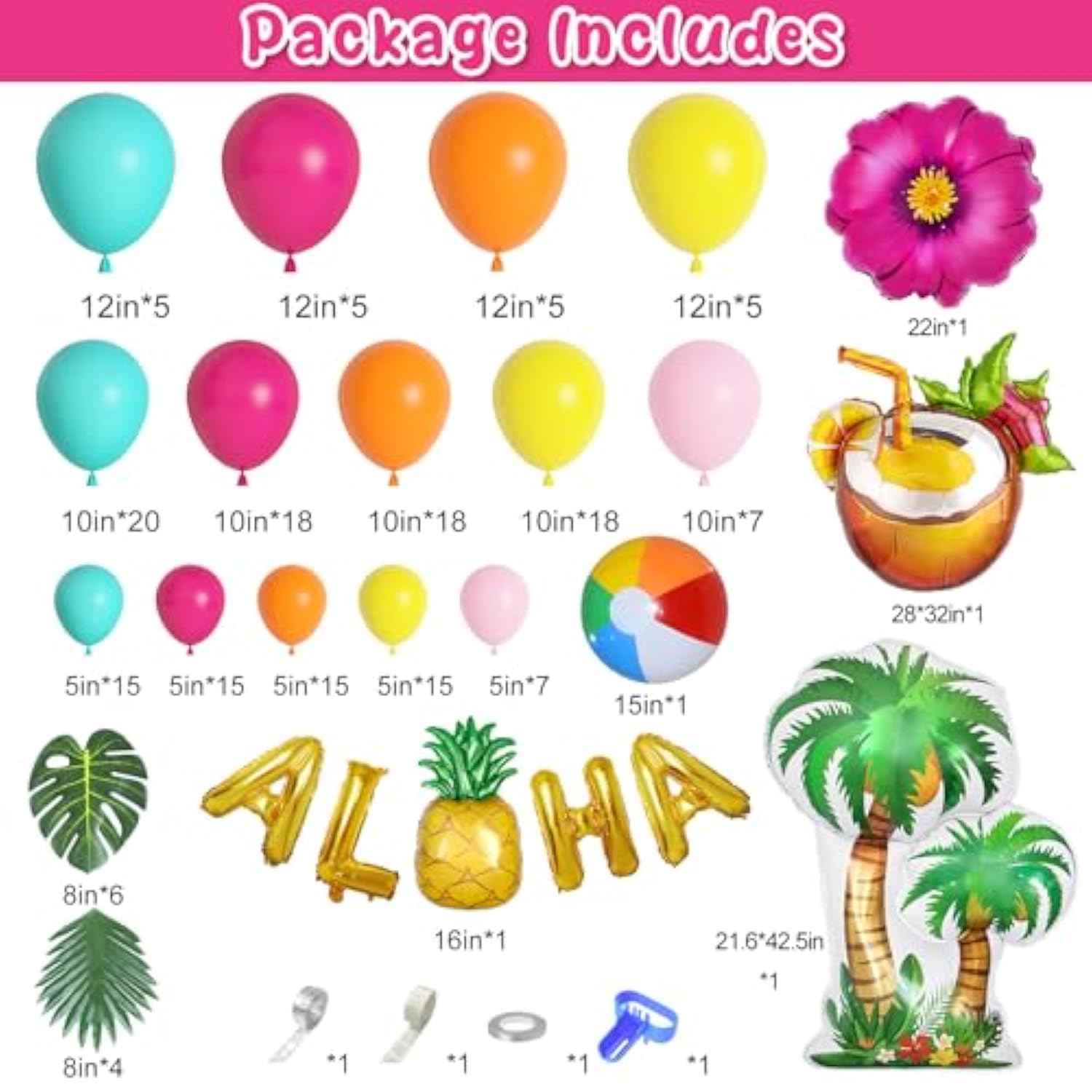 188-Pc Tropical Aloha Balloon Arch Kit with Pineapple, Coconut & Palm Decor