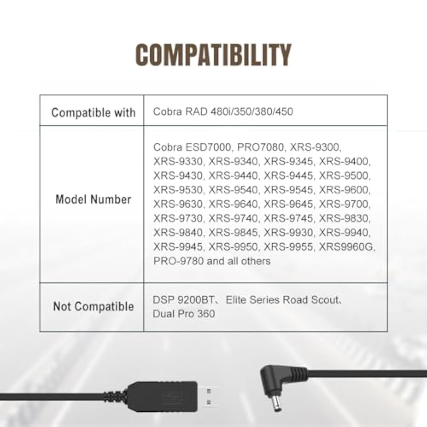 Power Cord Compatible With Cobra Rad 480I/350/380/450, Replacement Cord Cable