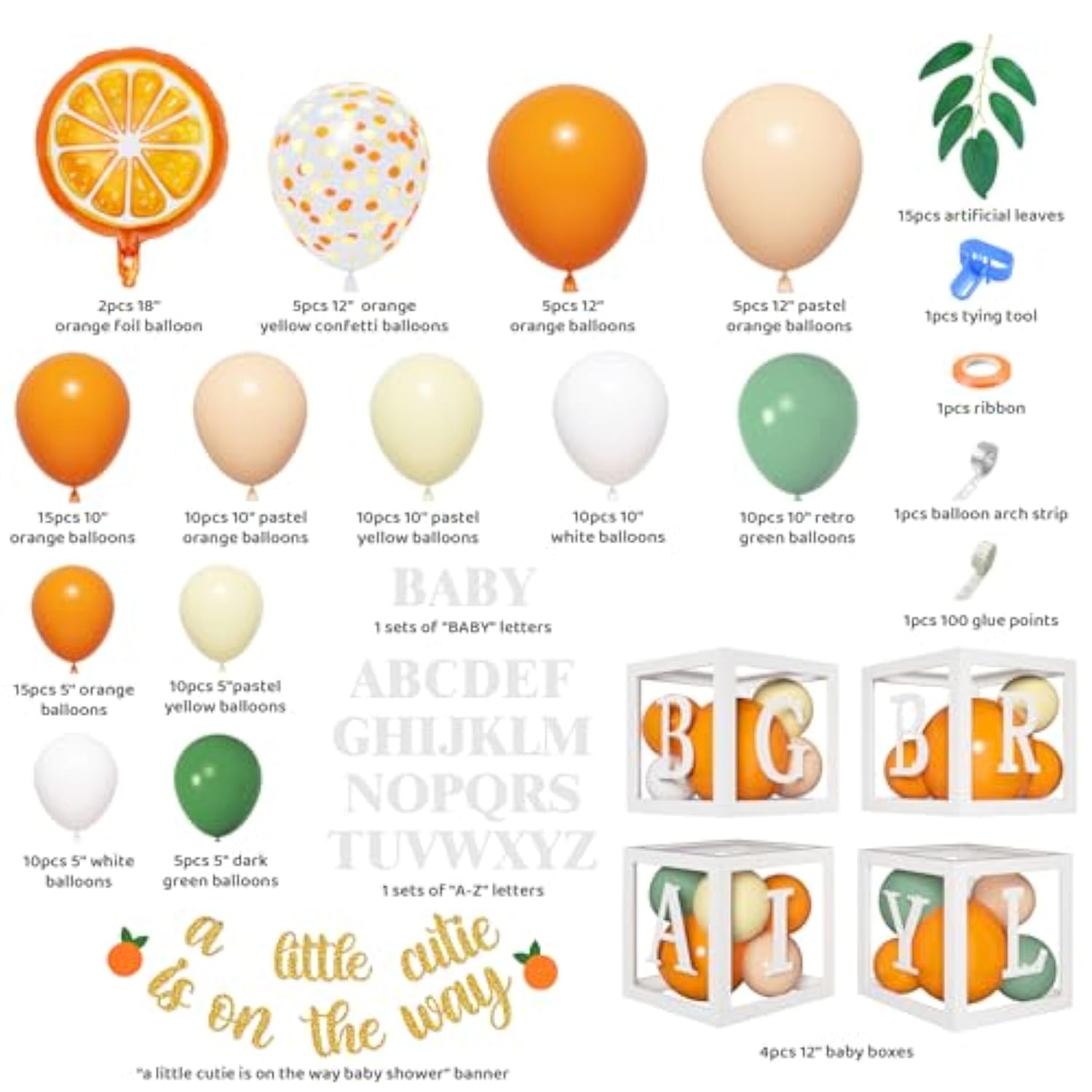 138pcs Little Cutie Baby Shower Balloon Boxes & Orange Garland Kit
