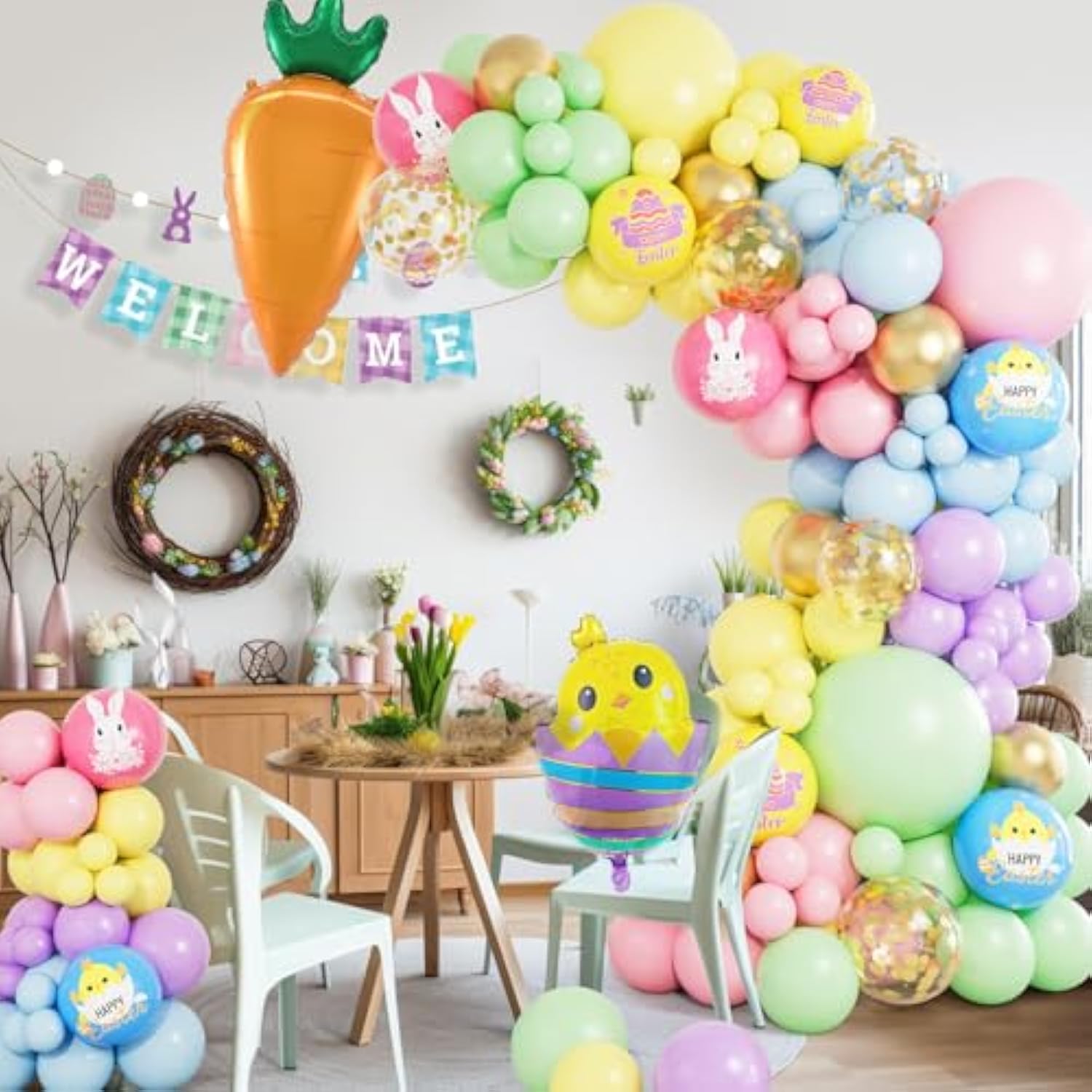 Easter Balloon Garland Arch Kit, Pastel Balloon Arch Macaron Balloons With Chicken Egg Carrot Foil Balloons For Happy Easter Party Birthday Party Supplies Baby Shower Decorations