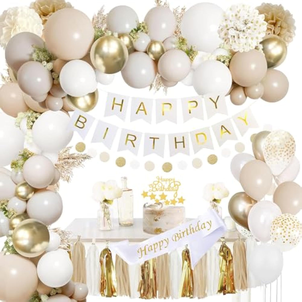 Upgraded Gold White Birthday Party Decorations For Girls Women Men With Happy Birthday Sash,Banner,Tissue Pompoms,Circle Dots Garland,Paper Tassels Garland, Cake Topper For Her Birthday Decor