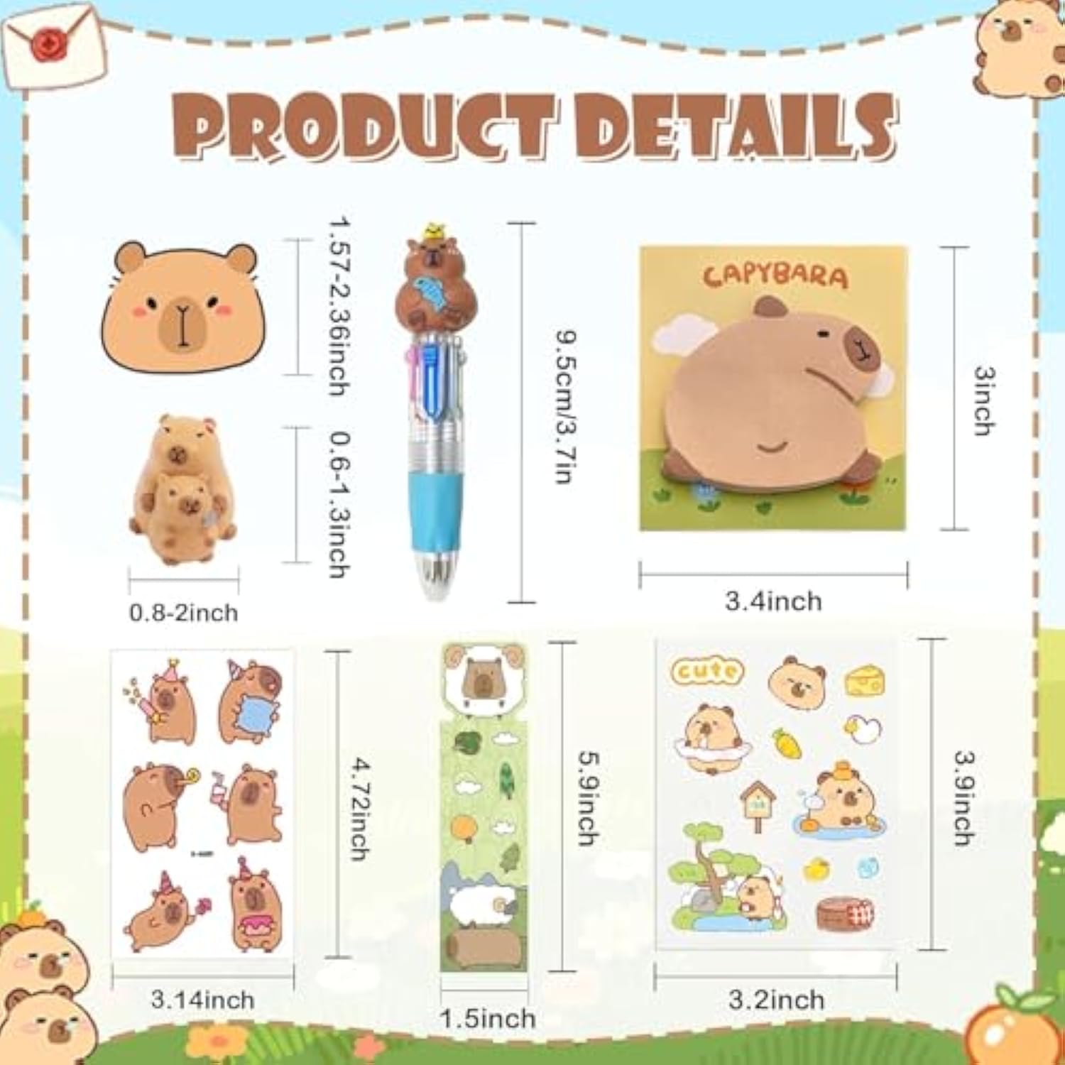 156Pcs Capybaraes Party Favor Theme Birthday Decorations Supplies Capybaraes Goodies Bags Stuff Stationery Set Classroom Prizes Tattoo Stickers Pen Bookmarks Post-It Notes Stickers