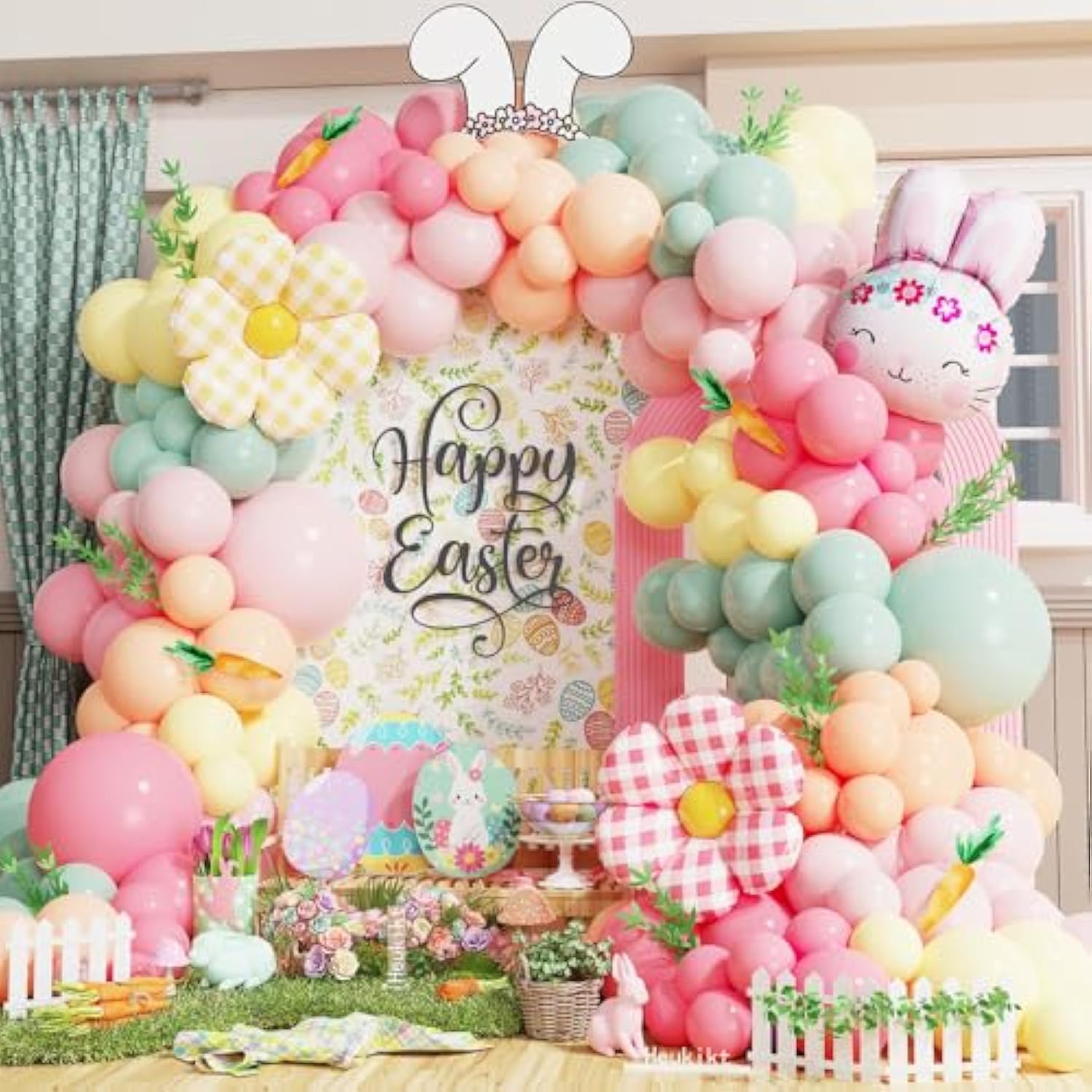 150Pcs Easter Bunny Balloon Garland Arch Kit, Pastel Pink Green Orange Yellow Latex Balloons With Bunny Flower Foil Balloons For Easter Birthday Spring Garden Party Decorations