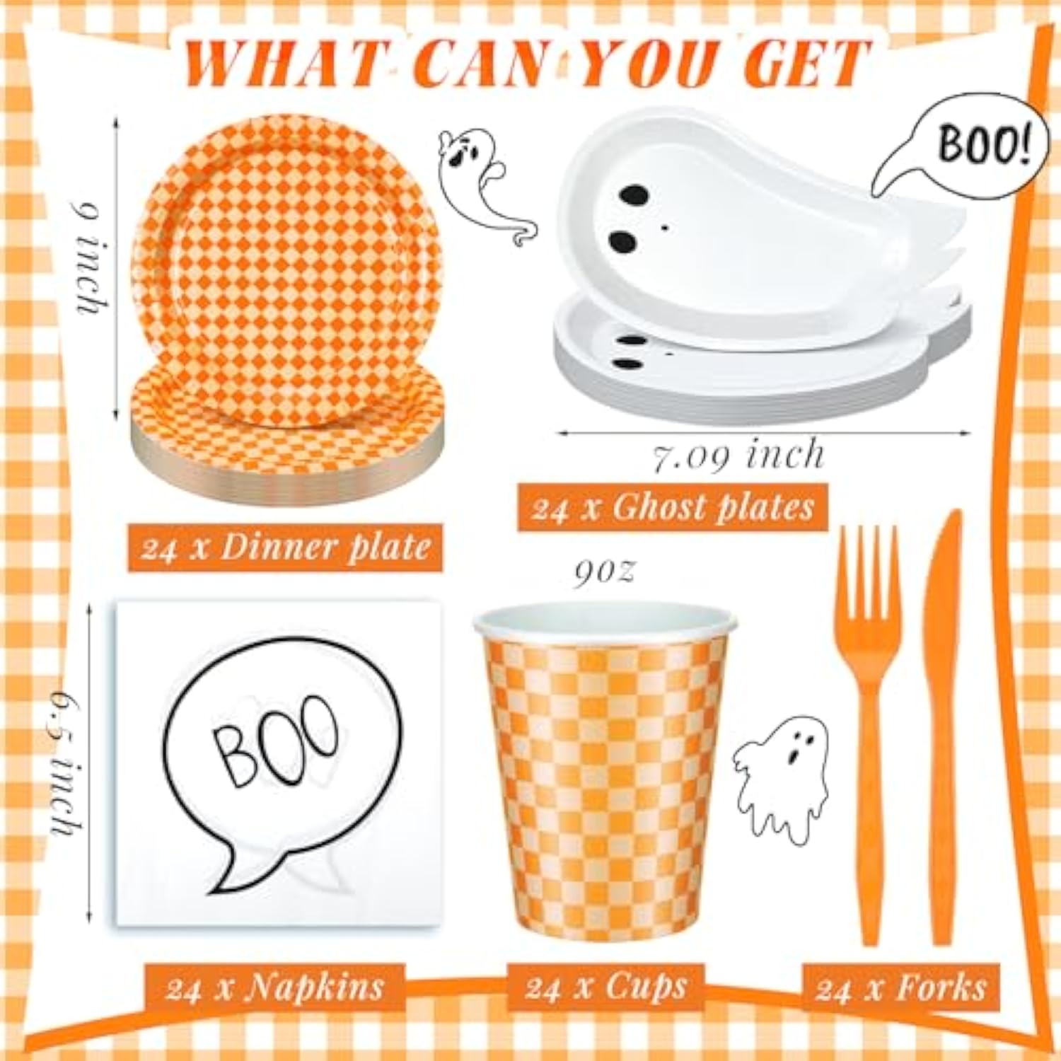 24 Set Halloween Party Tableware Paper Ghost Plates And Boo Napkins Plaid Cups Plastic Forks Knife For Halloween Party Supplies Spooky Baby Shower Happy Boo Day Birthday Decoration(Orange)