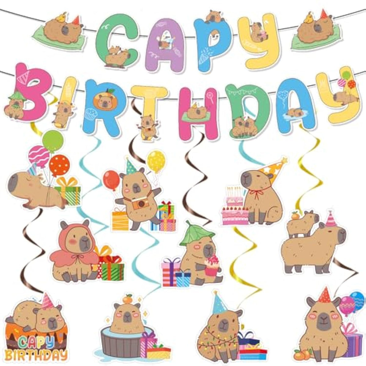 Capybara Birthday Party Decorations - 12Pcs Capybara Banners With Hanging Swirls Bday Decoration Cute Capy Animals Decor Supplies