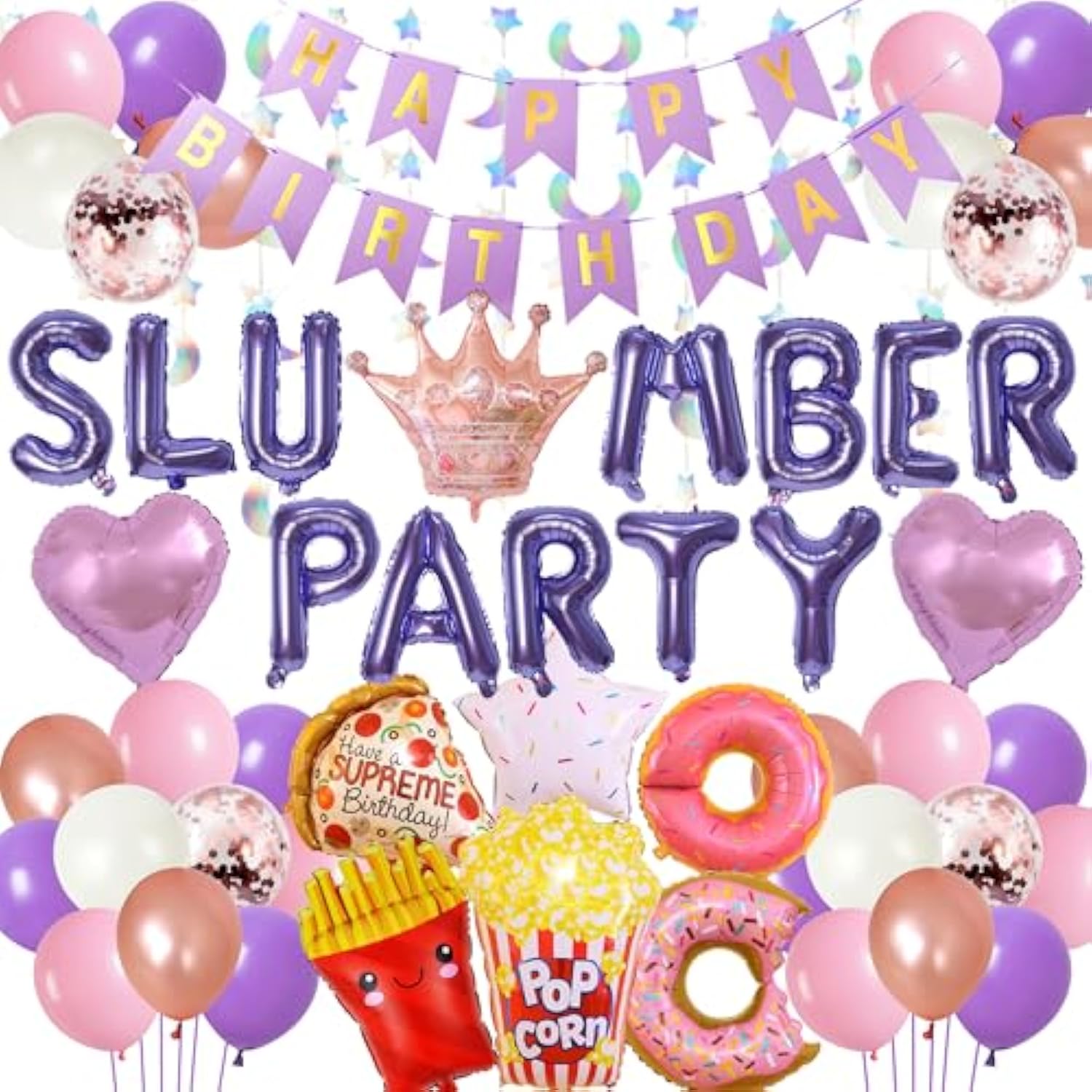 Slumber Birthday Party Supplies Girls - Purple Slumber Party Balloon Banner Large Popcorn Donut Pizza Crown Foil Balloons Set Girls Night Sleepover Pajama Theme Party Decorations