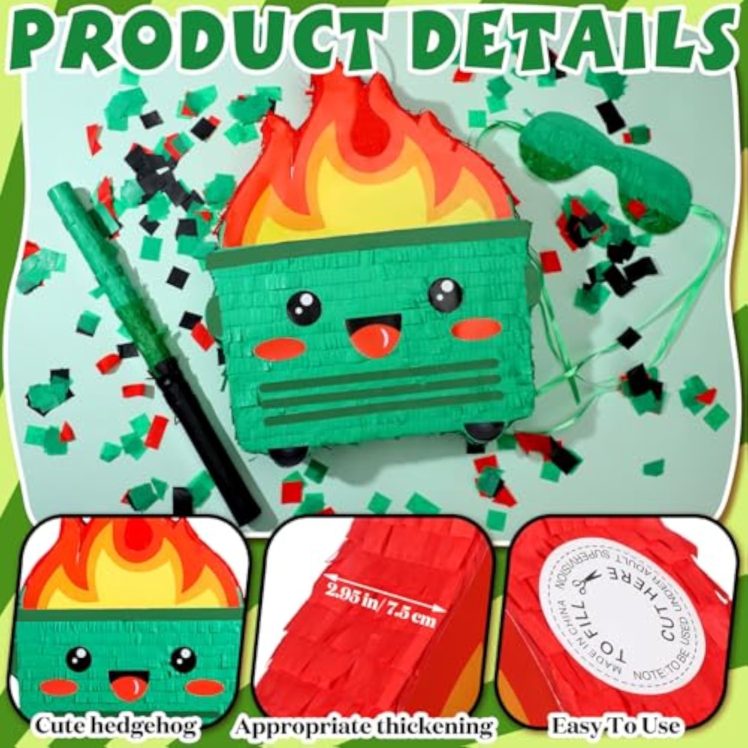 Dumpster On Fire Piñata For Birthday Party 15. 75 X 12. 6 Inch Piñata With Bat Blindfold Confetti For Baby Shower Photo Props Cinco De Mayo Fiesta Decoration Kids Teens Adults Supplies(Green)