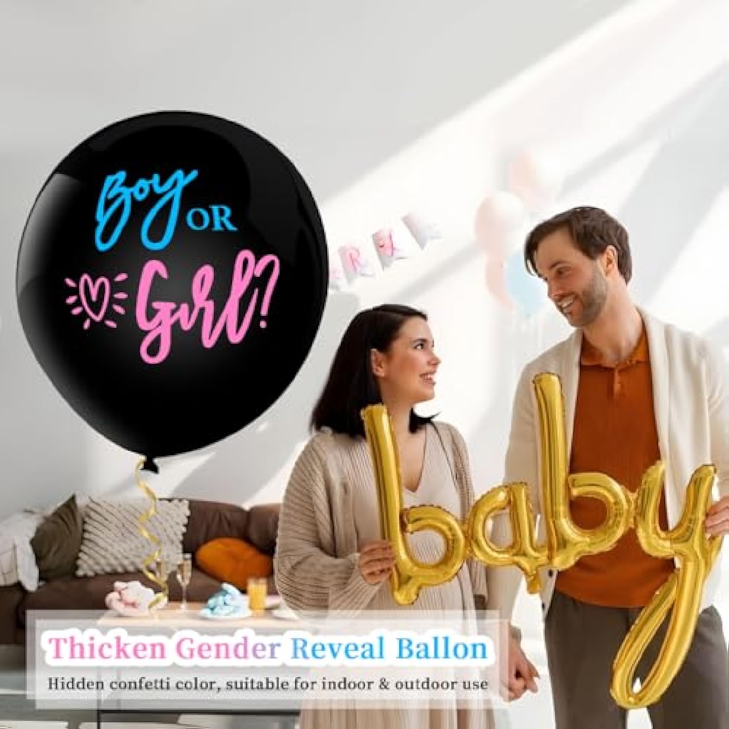 Gender Reveal Balloon, 36 Inch Black Jumbo Boy Or Girl Confetti Balloon With Blue Pink Confetti For Baby Gender Reveal Ideas Baby Shower Party Decoration