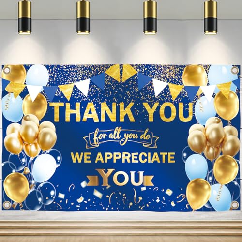 We Appreciate You Banner - Thank You for All You Do Backdrop (Blue Gold, 72x44 inches) - Appreciation Party Decorations for Teacher, Employee, Staff, Doctor, Nurse, Volunteer, Pastor - Reusable Retirement, Graduation, CNA Week, Ceremony Decor