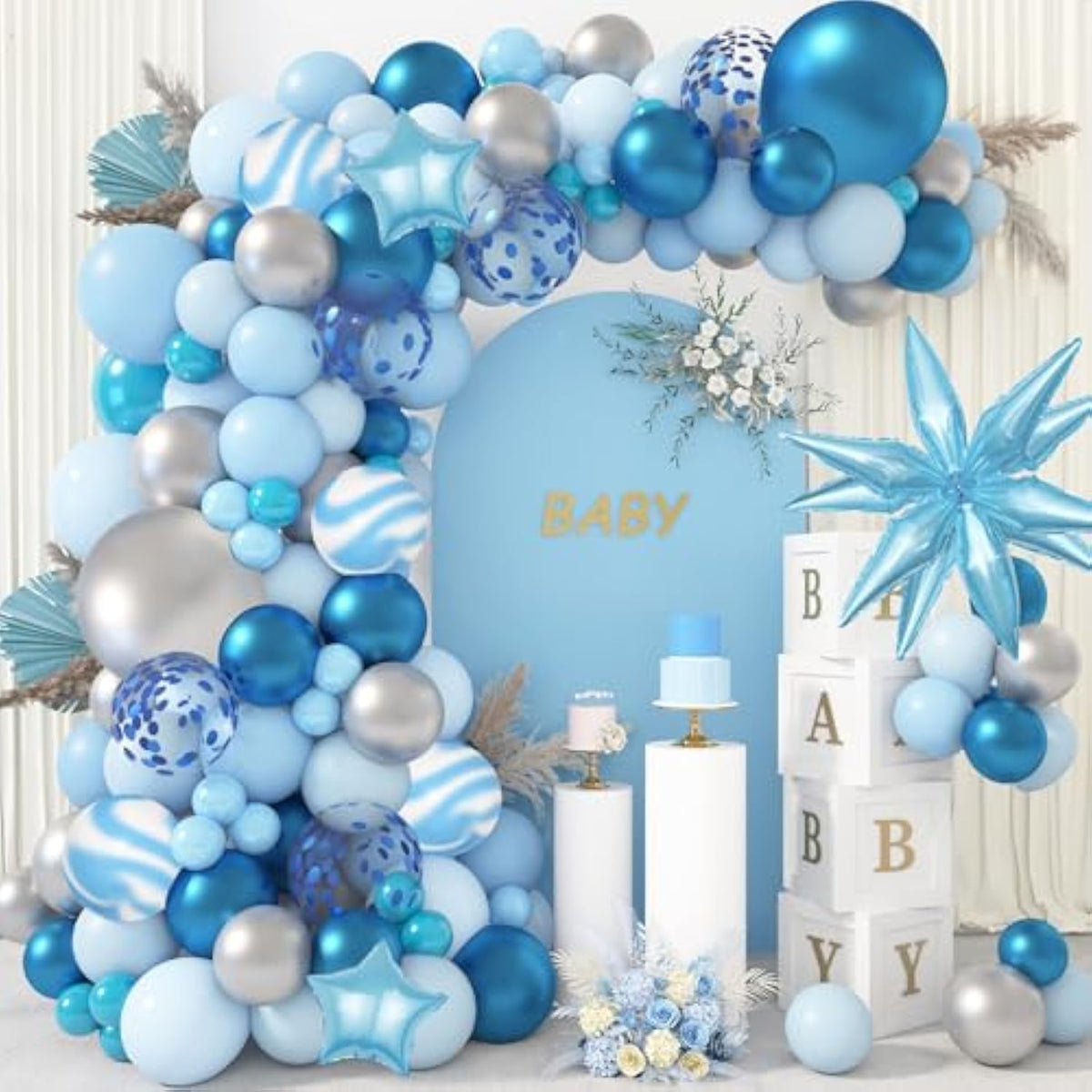 Blue Balloon Garland Kit: 150 Pcs Pastel Baby Shower Decor
