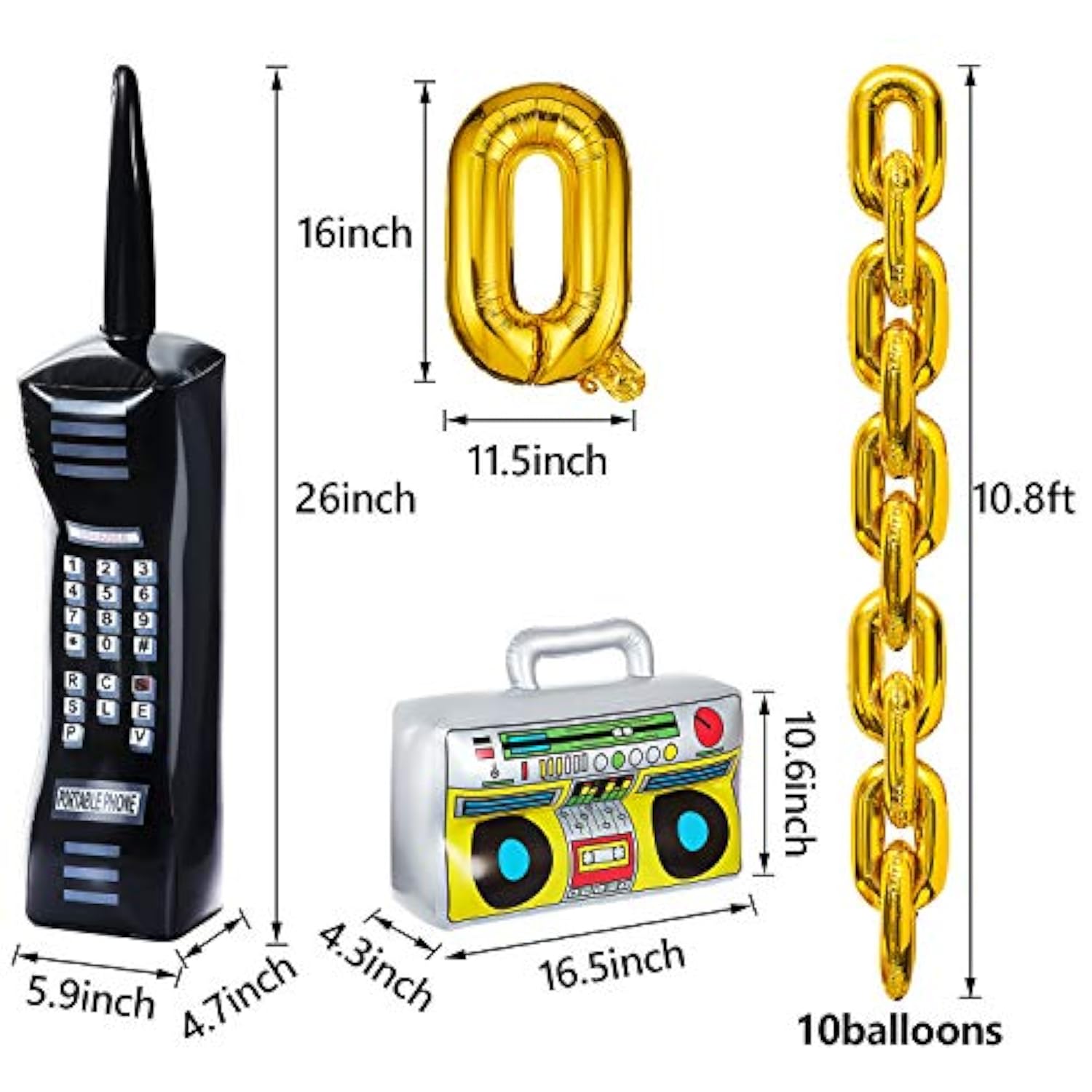 22 Pieces Inflatable Radio Boombox Inflatable Mobile Phone And 16 Inch Gold Inflatable Foil Chain Balloons 80S 90S Party Decorations Supplies Cosplay Props Hip Hop Theme Birthdays Weddings Graduations
