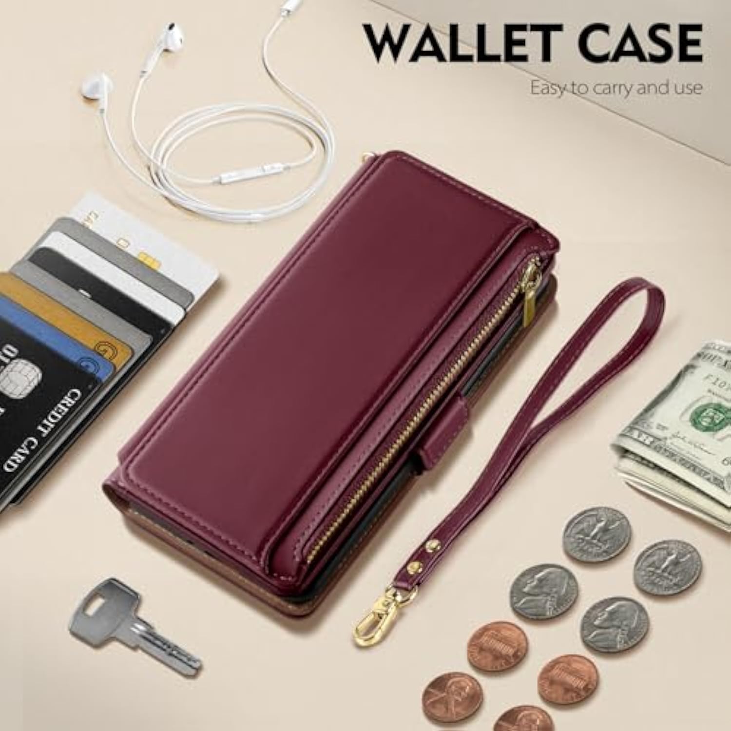 Compatible With Iphone 15 Wallet Case Card Holder?Rfid Blocking? Pu Leather Phone Case Women Men Flip Protective Cover Wrist Strap Zipper Credit Card Slots,For Apple 15 6.1",Wine Red