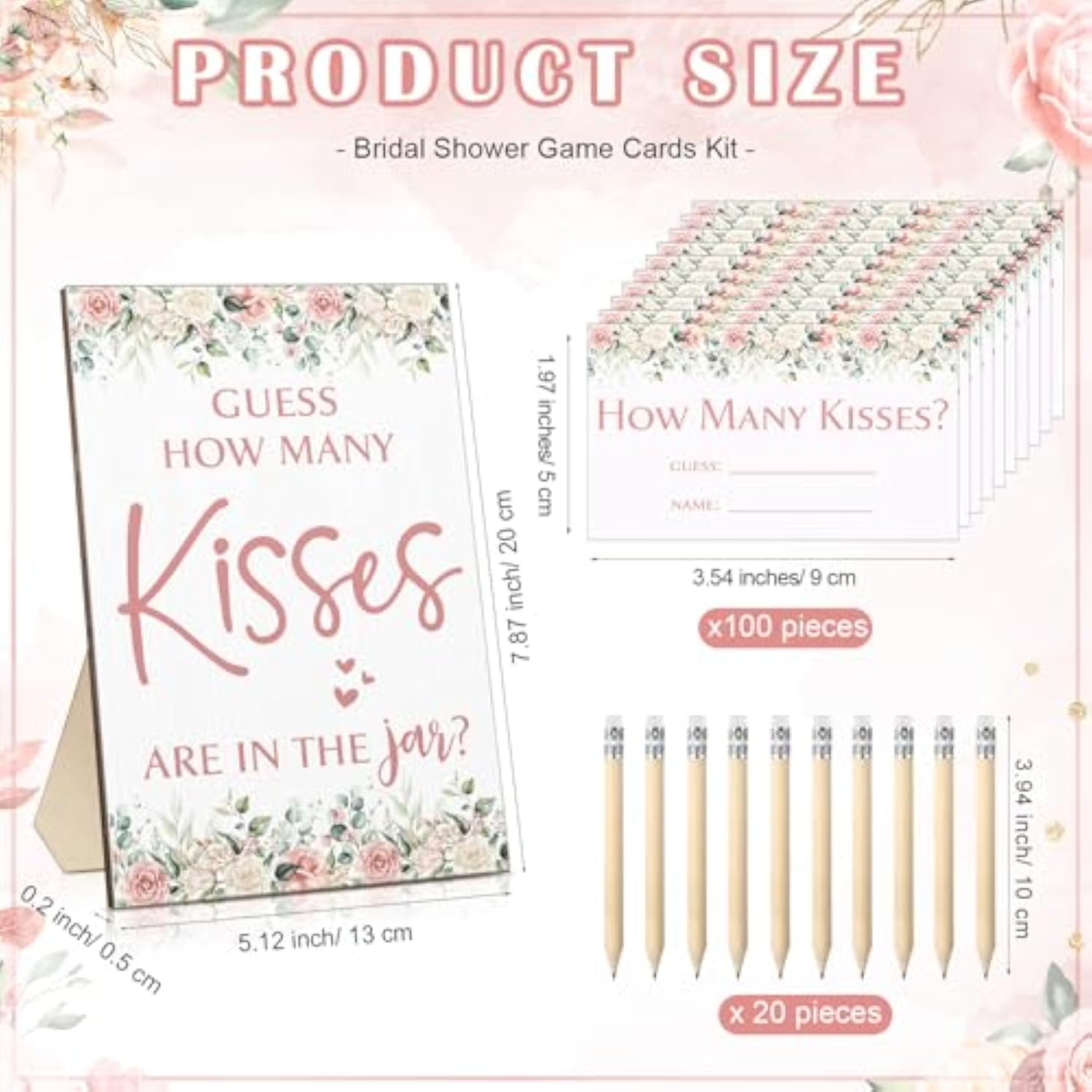 122 Pieces Guess How Many Kisses Bridal Shower Games Include 1 Bridal Shower Wooden Sign 100 Guessing Cards 20 Hb Pencils 1 Game Jar For Guests Wedding Party(Flowers)