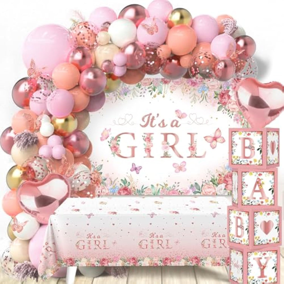 Baby Shower Decoration For Girl - 118Pcs Pink Floral Balloon Box, Rose Gold Balloons Arch Kit With Butterfly Sticker, It'S A Girl Backdrop And Tableclose For Baby In Bloom Baby Shower Decor