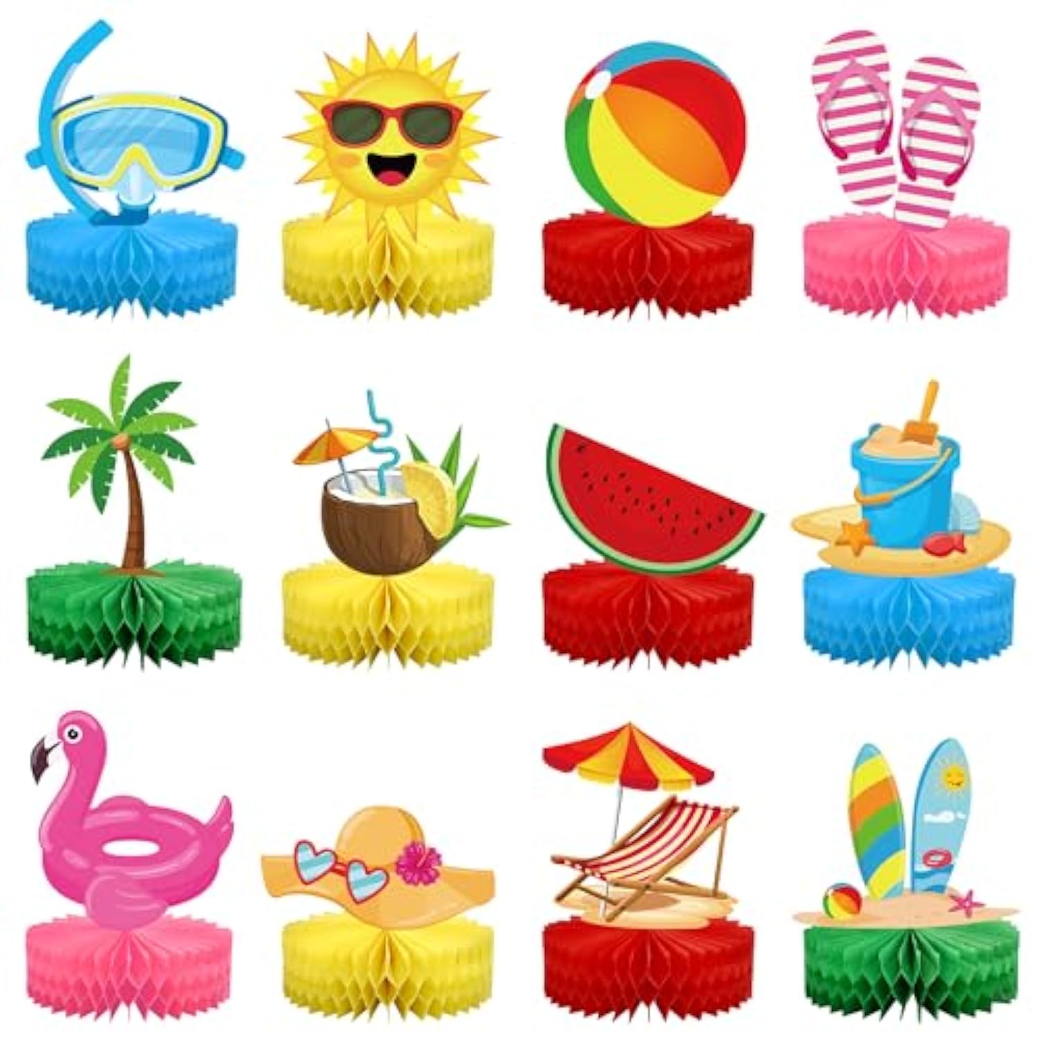 12Pcs Summer Beach Honeycomb Centerpieces Summer Pool Honeycomb Table Decorations Pools Party Tables Centerpieces Hawaiian Theme Birthday Table Topper For Pool Party Beach Favor Supplies