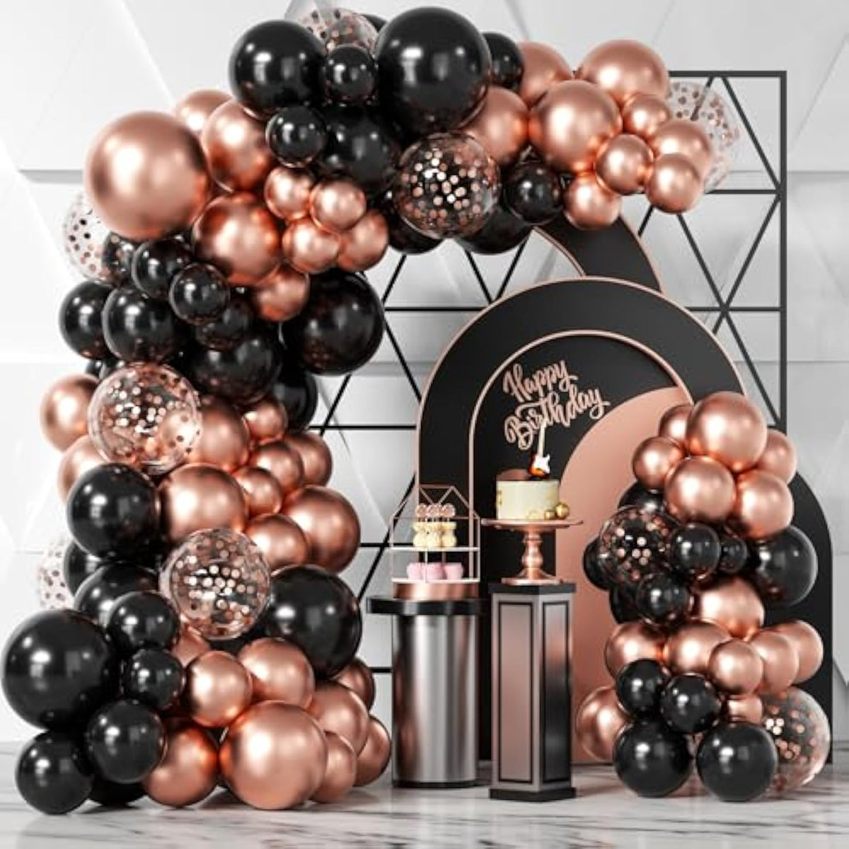 Rose Gold Black Balloons Garland Kit, 100Pcs Metallic Chrome Rose Gold Black And Rose Gold Confetti Balloons Arch For Wedding, Birthday, Graduation, Baby Shower Party Decoration
