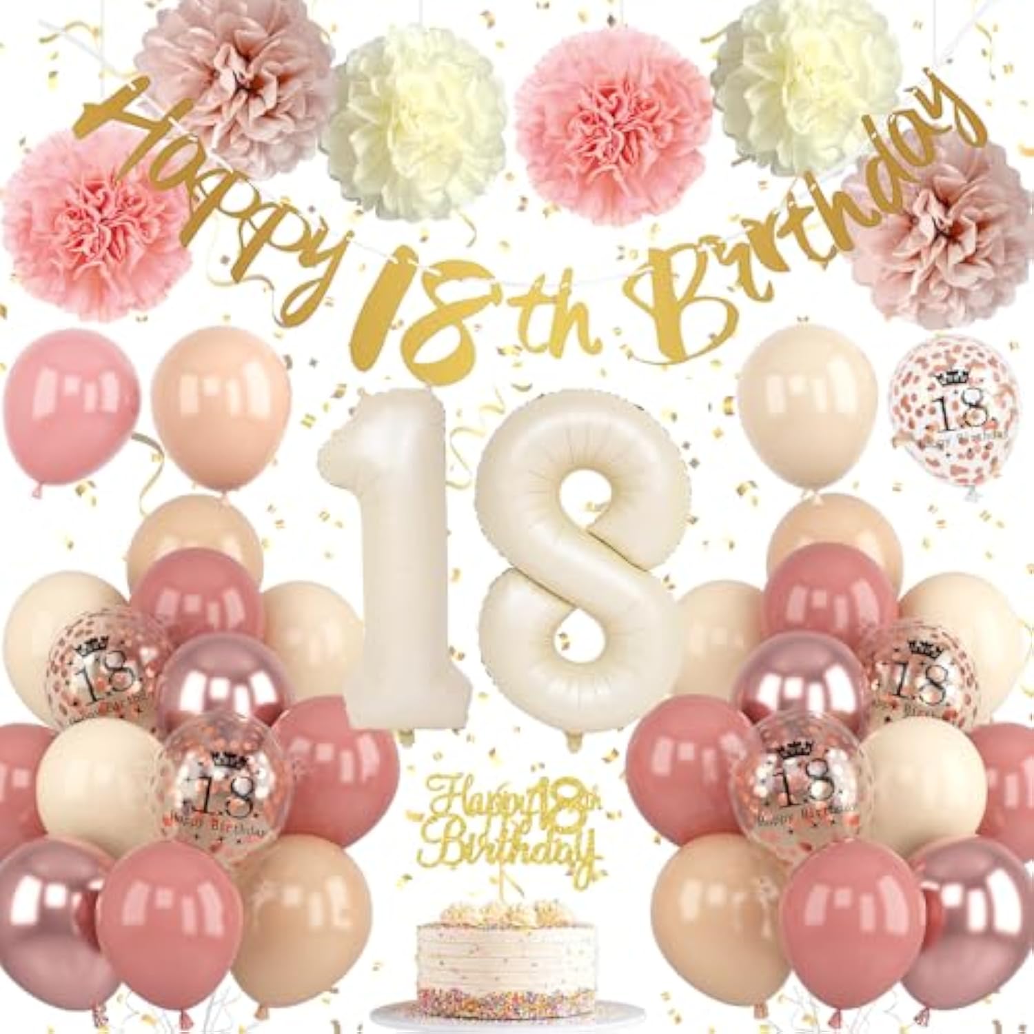 18Th Birthday Decorations For Girl Retro Blush Pink Birthday Balloons Happy 18Th Banner Cake Topper Pom Poms Dusty Rose Gold Number 18 Balloon For Her 18 Year Old Bday Party Decoration Supplies
