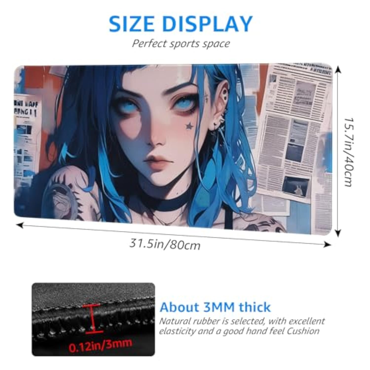 Large Anime Gaming Mouse Pad, Blue Hair Girl Design, Extended Size Desktop Mat, 31.5 X 15.7 Inches, Non-Slip Base