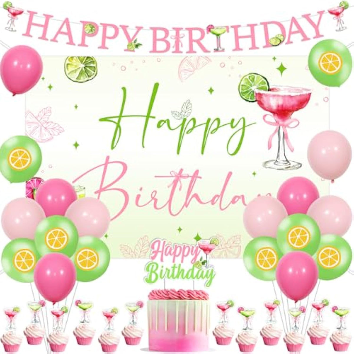 Margarita Birthday Party Decorations, Pink And Green Margarita Backdrop Margarita Happy Birthday Banner Margs And Matrimony Cupcake Toppers Balloons For Girl Mexican Fiesta Birthdays Party Supplies