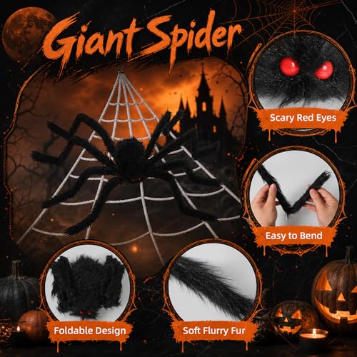 236'' Big Spider Web Halloween Decor+70'' Huge Spider for Roof with Triangular Big Web for on House Outside and Inside