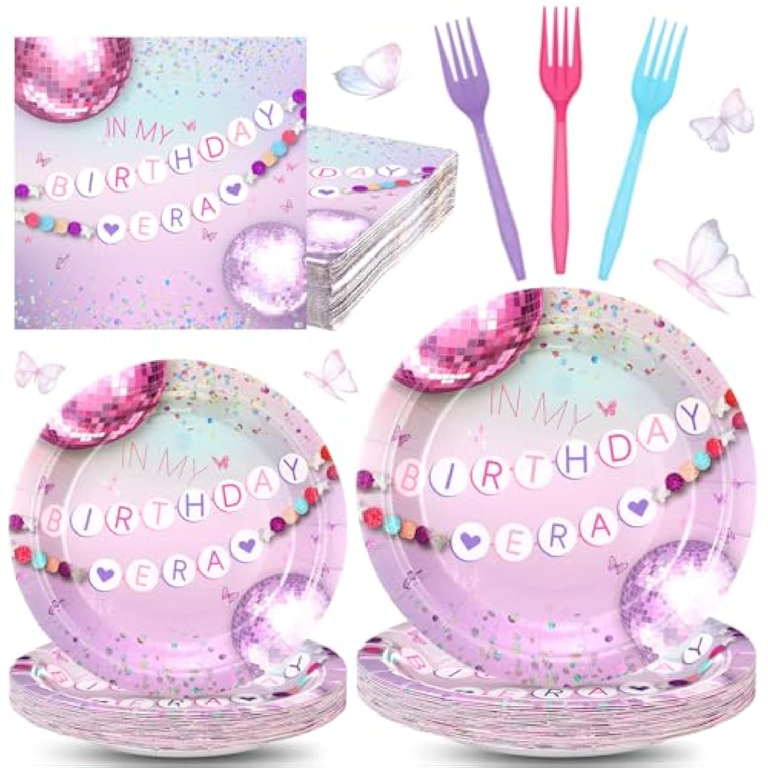 In My Birthday Era Party Tableware Set, 96 Pcs Disposable Paper Plates, Napkin, Fork, Music And Friendship Themed Party Supplies For Girls Women Birthday Decorations(Pastel Rainbow)